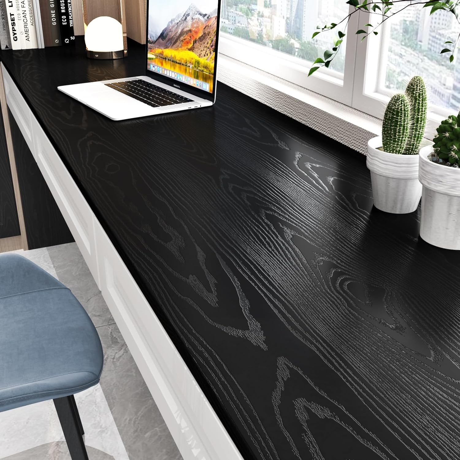 Black Wood Grain Textured Contact Paper Self-Adhesive Wallpaper Peel and Stick Removable Decorative for Countertop Furniture Kitchen Cabinet Vinyl (12 X 48 Inch, Black)