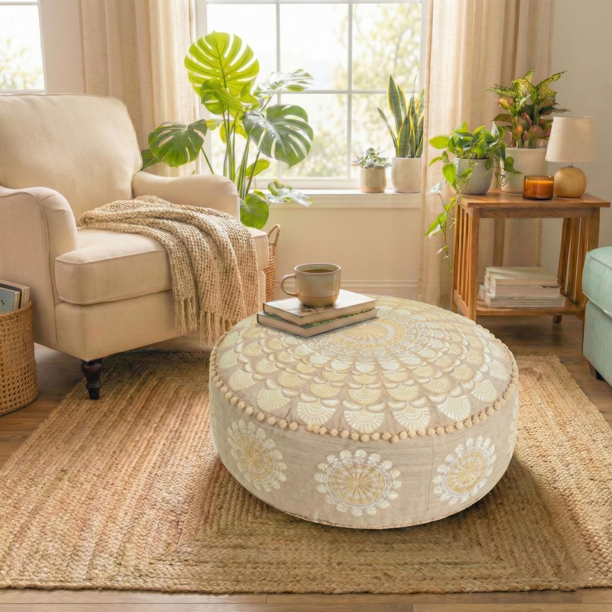 Mandala Life ART Fodera per cuscino da pavimento rotondo bohémien - 60x20 cm - 100% cotone - Custodia pouf per pouf per soggiorno, camera da letto, patio e altro (Beige, 60x20cm)