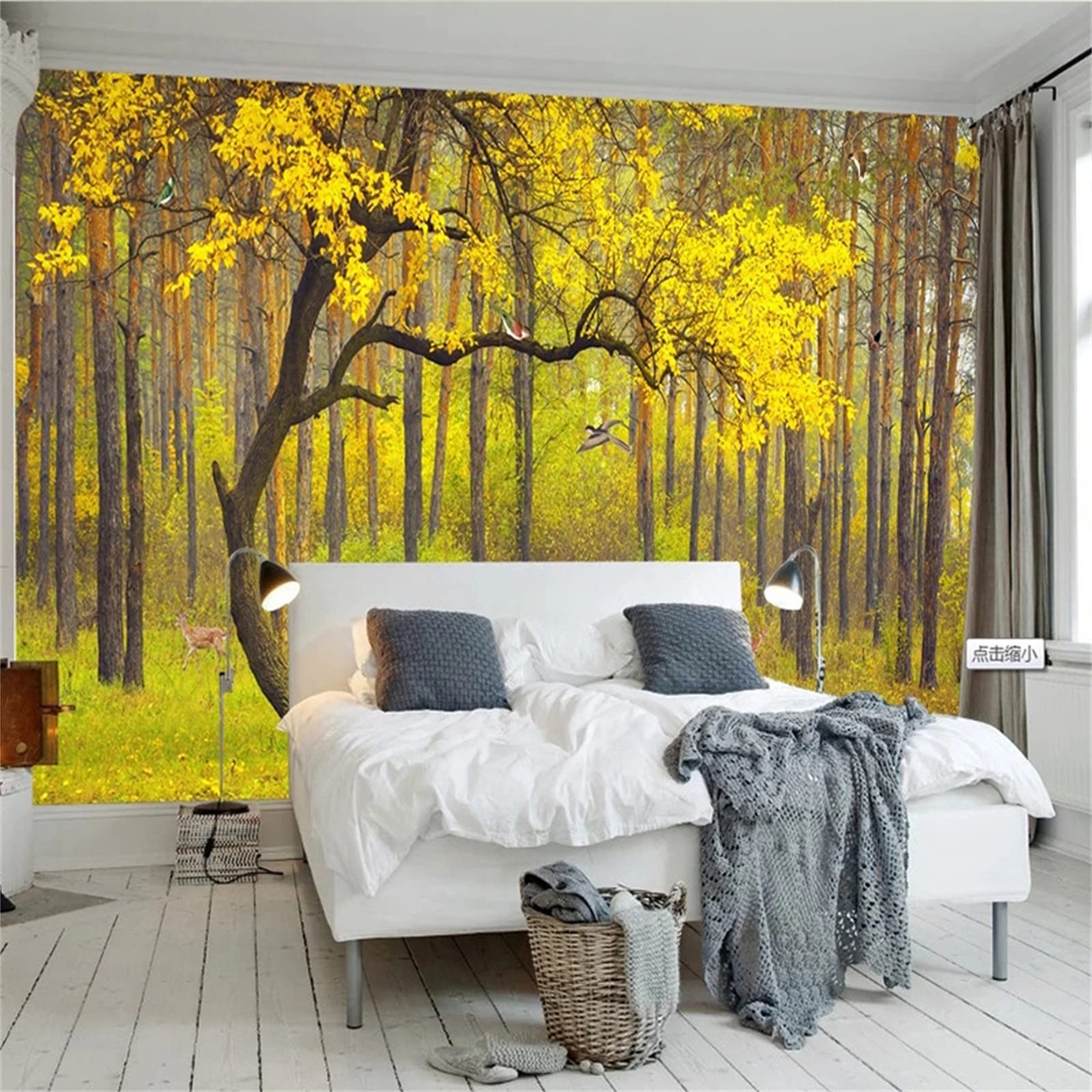 Natural Scenery 3D Removable Wall Mural, Golden Woods Self-Adhesive Large Wallpaper for Bedroom Living Room Kids Room.(91
