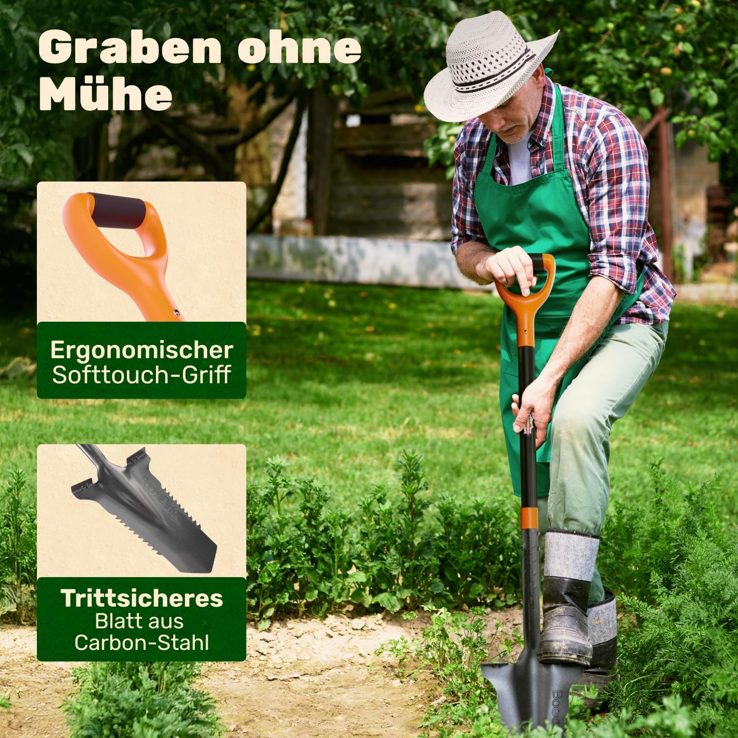 Der stabile Spaten mit Wurzelsäge | Wurzelspaten für das einfache Graben im Garten | Schaufel Garten mit ergonomischem Griff und breiter Trittkante | Gärtnerspaten mit Säge für Harte Böden