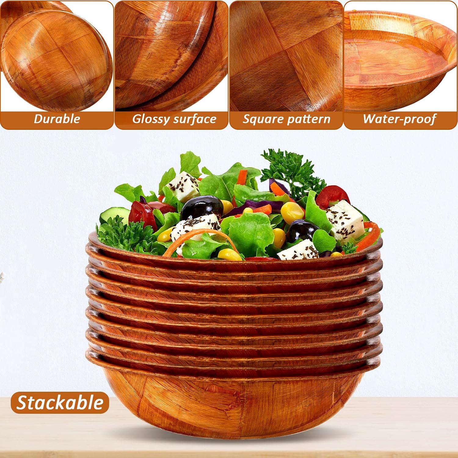 Didaey 12 Pcs Wooden Salad Bowl Set, 6 Inch Round Wood Serving Bowls, 6" Diameter x 1.5" Height, Wooden Woven Salad Bowls for Fruits, Vegetables, Snacks, Kitchen & Dining