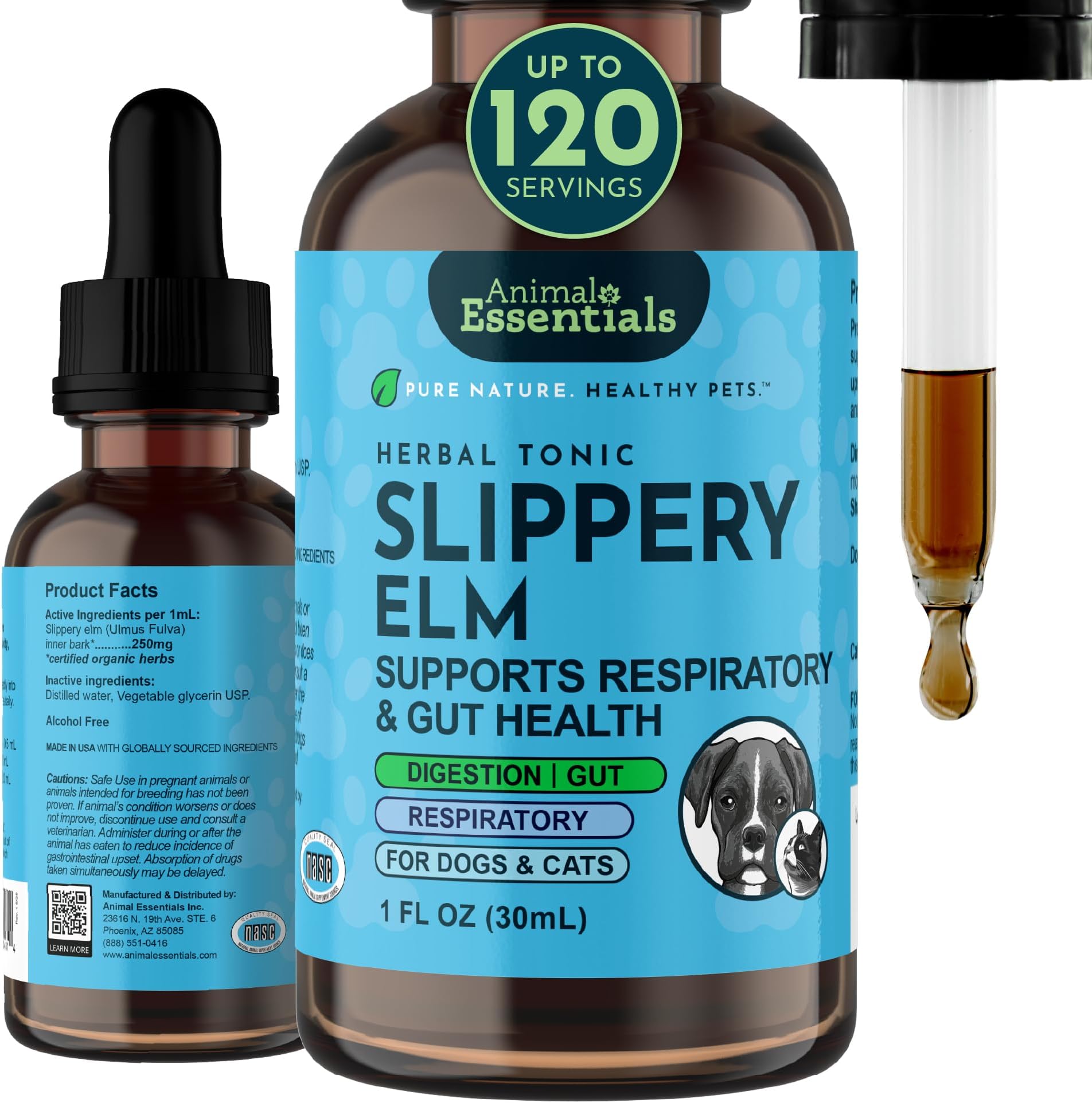 Slippery Elm - Herbal Extract for Dogs and Cats, Promotes Healthy Digestion, Bowel Function, Certified Organic Herbs, All Natural, Respiratory Health, Liquid Formula - 1 Fl Oz