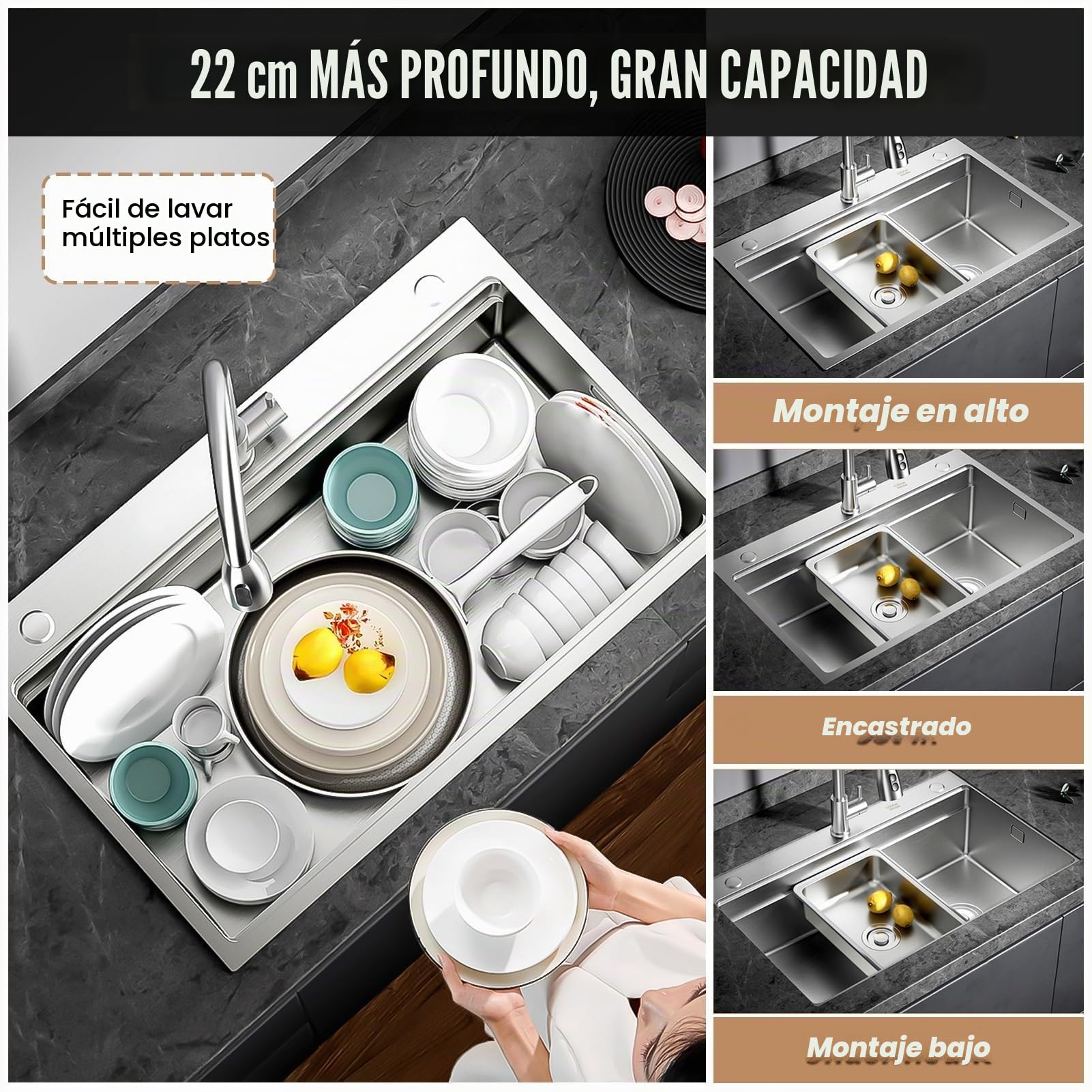 Fregadero de Cocina 60x50cm de Acero Inoxidable 304, Con 3 Agujeros de Montaje (35mm), Tubo de Desagüe Sifón, Cesta de Drenaje, Tabla de Cortar, Pequeña Cuenca, Filtro, Lavabo Bajo/Sobre Encimera