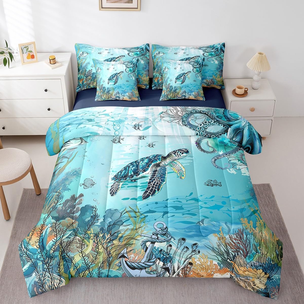 Feelyou Sea Turtle Bedding Set Twin Size 7 Pieces Ocean Creature Anchor Decor Marine Animals Comforter Set Summer Blue Coastal Themed Bed in a Bag with Comforter, Sheets, Pillowcases & Cushion Cover