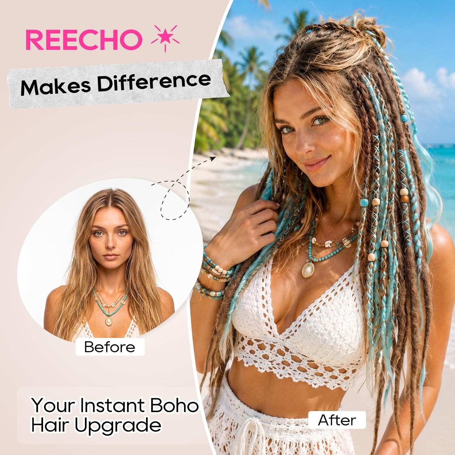 REECHO Dreadlock Extensions - 4PCS 20" Boho Clip in Braid Hair Extensions with Beads 100% Handcrafted Hairpiece for Women Festival Cosplay Beach Daily Styling,Light Blonde