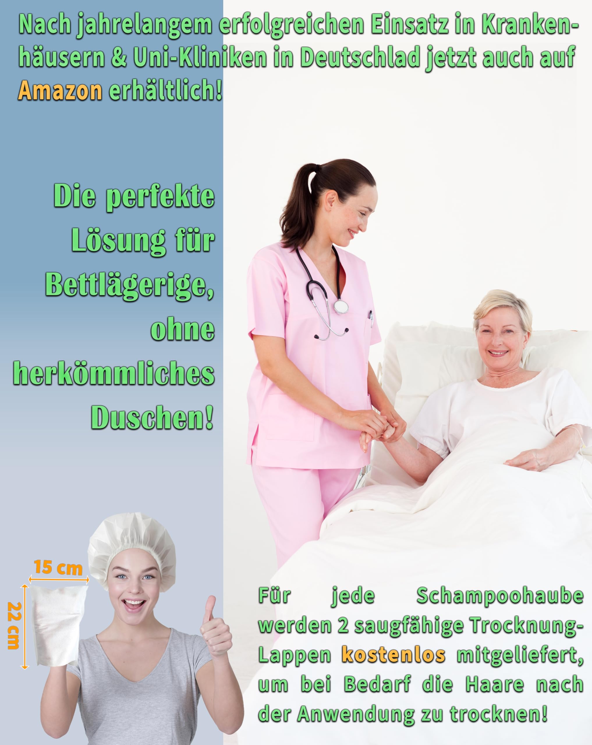 ZVG zetMedica® 8x Einweg Shampoo Hauben - Shampoohaube - Wasserlose Haarwäsche - Medizinische Qualität - Dermatest zertifiziert und Hautverträglich - Inklusive Trocknungslappen (8 Stk.)