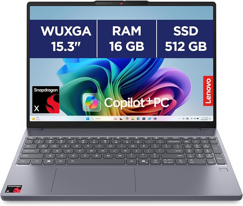 Lenovo IdeaPad Slim 3 15Q8X10 - Ordinateur Portable 15.3'' WUXGA Copilot+ (Snapdragon X X1-26-100, RAM 16Go, SSD 512Go, Qualcomm Adreno, Windows 11 Home) Clavier AZERTY Français - Gris