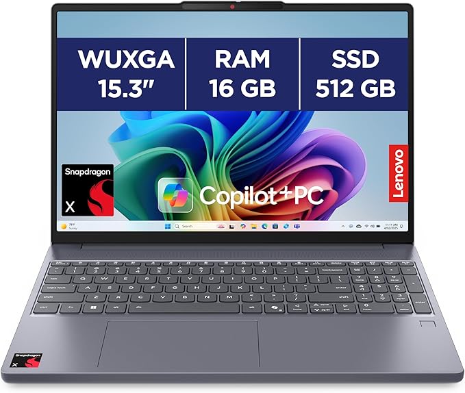 Lenovo IdeaPad Slim 3 15Q8X10 - Ordinateur Portable 15.3'' WUXGA Copilot+ (Snapdragon X X1-26-100, RAM 16Go, SSD 512Go, Qualcomm Adreno, Windows 11 Home) Clavier AZERTY Français - Gris