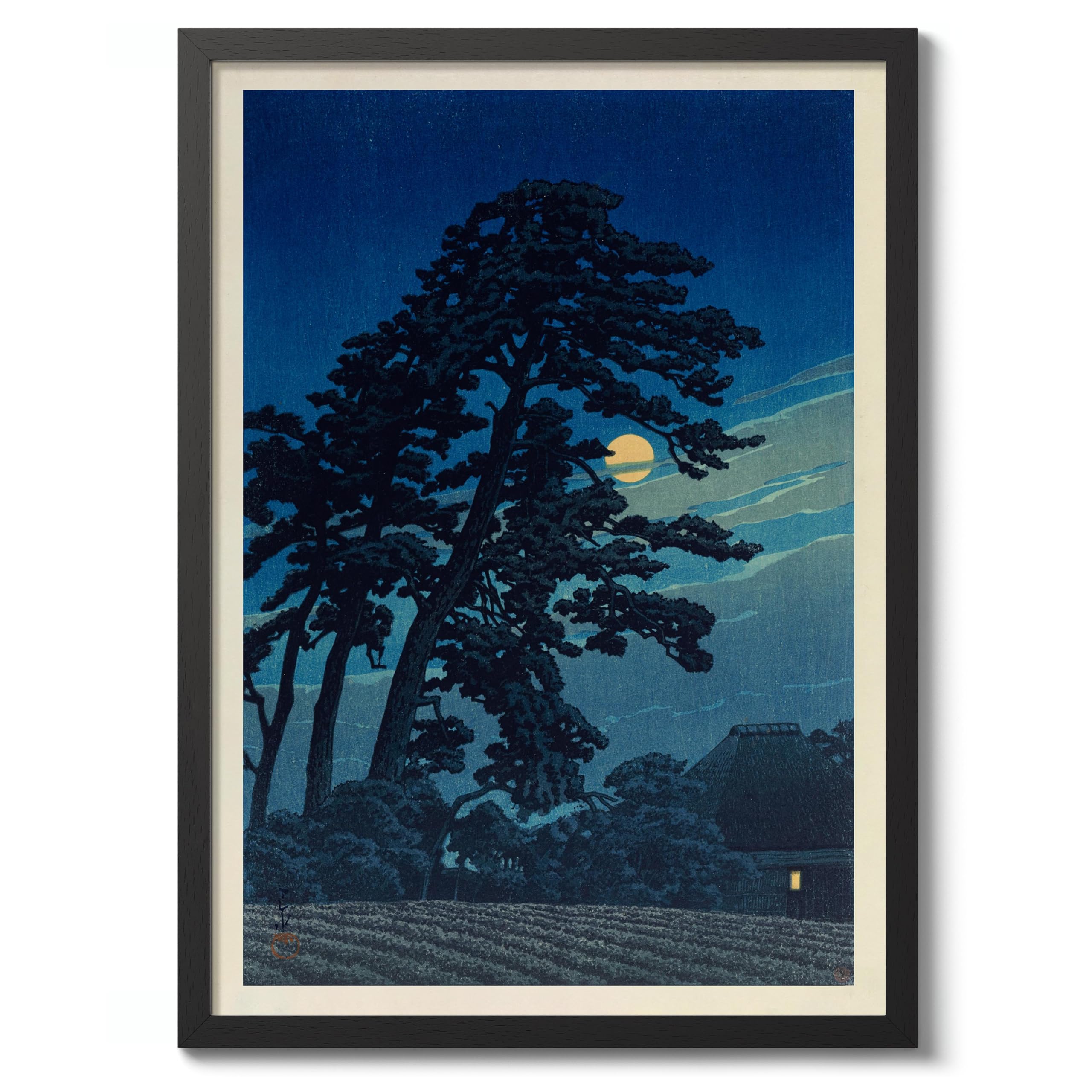 Full Moon At Nagome (Magome No Tsuki) Kawase Hasui Poster, Japanese Woodblock Ukiyo-E Print, Vintage Art Picture Painting Wall Art Exhibition, Archival Matte, A1 (Black Frame) - 84.1x59.4cm