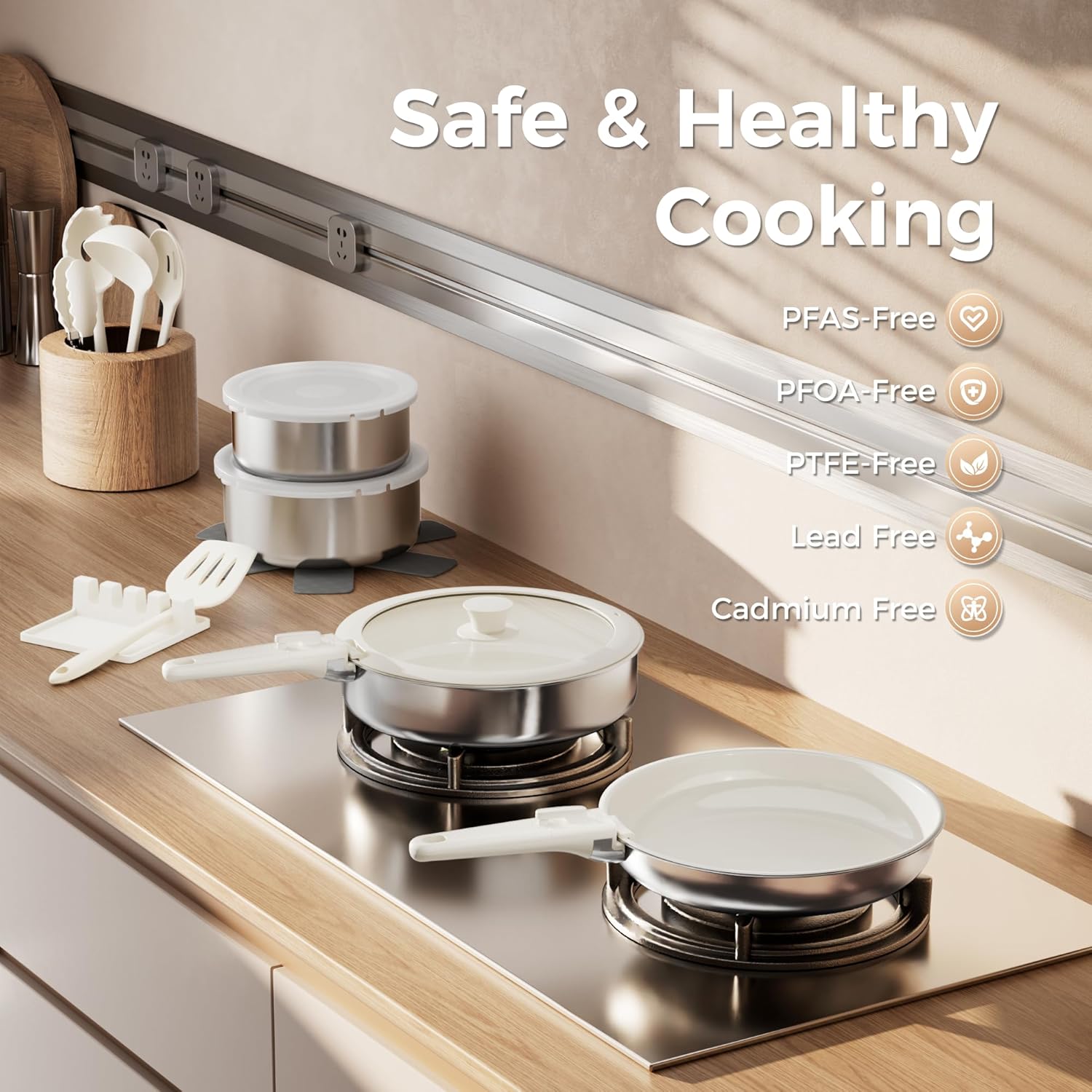 Sanho 21-Piece Pots and Pans Set, Ceramic Nonstick Cookware with Detachable Handles, Non-Toxic 4-Layer Stainless Steel & Aluminum Core, Induction RV Kitchen Set, Dishwasher & Oven Safe, Beige White