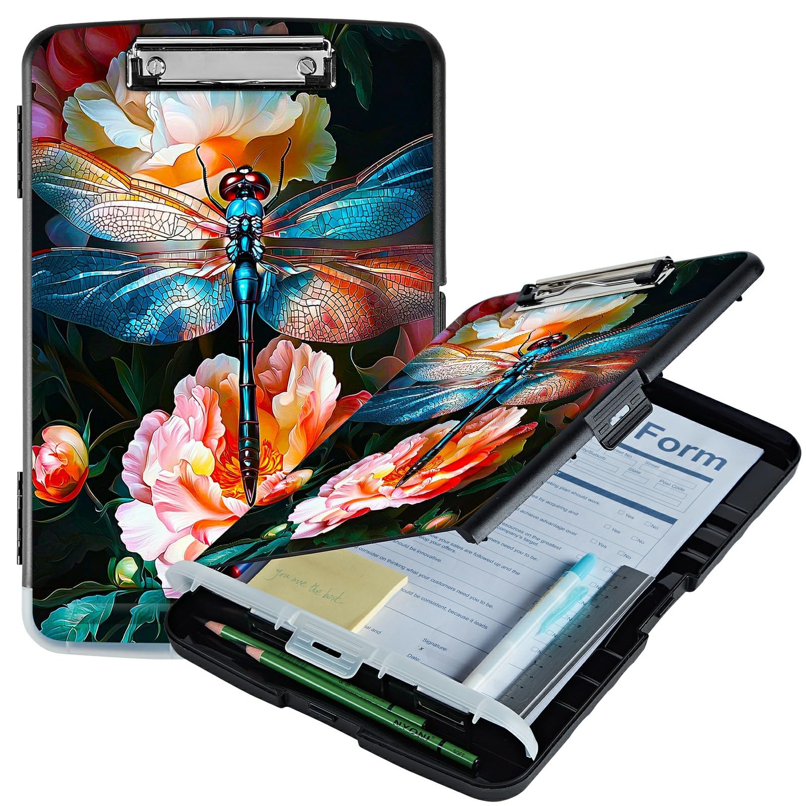 RWUTYTIUL Peony Dragonfly A4 Clipboard with Storage Pen Holder, Clipboards Organizer Nursing Clipboard Foldable File Folder Plastic Clipboard Folio Clip Board for Office Students Classroom Doctor