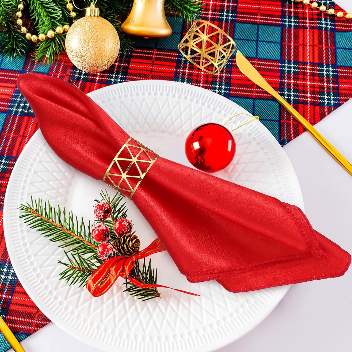 Christmas Napkin Rings: Gold Napkin Rings Set of 6 and Red Cloth Napkins Set of 6, Christmas Decorations Napkin Holders for Cloth Napkins Dinner Table Wedding Party Decor