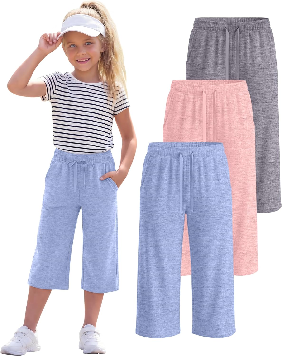 3 Pack Girls' Capri Pants with Pockets Wide Leg Drawstring Capris Summer Kid Loose Straight Cropped Sweatpant 5-14Y
