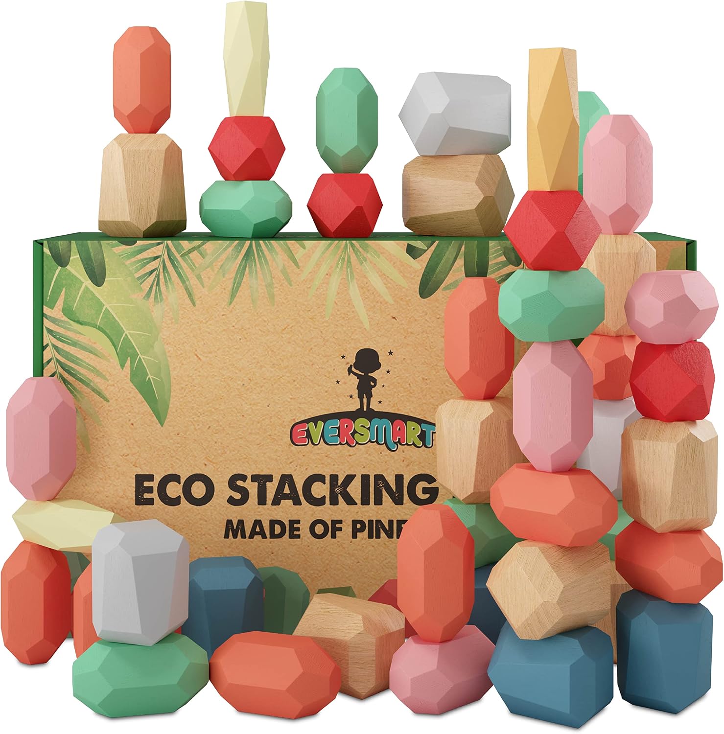 EVERSMART 48 Pcs Wooden Stacking Blocks – Montessori Toys for 1 2 3 4 5 6 Year Old Toddlers and Kids, XL Rocks, No Choking Hazard – Sensory STEM Building Stones, Girl or Boy Birthday Gifts
