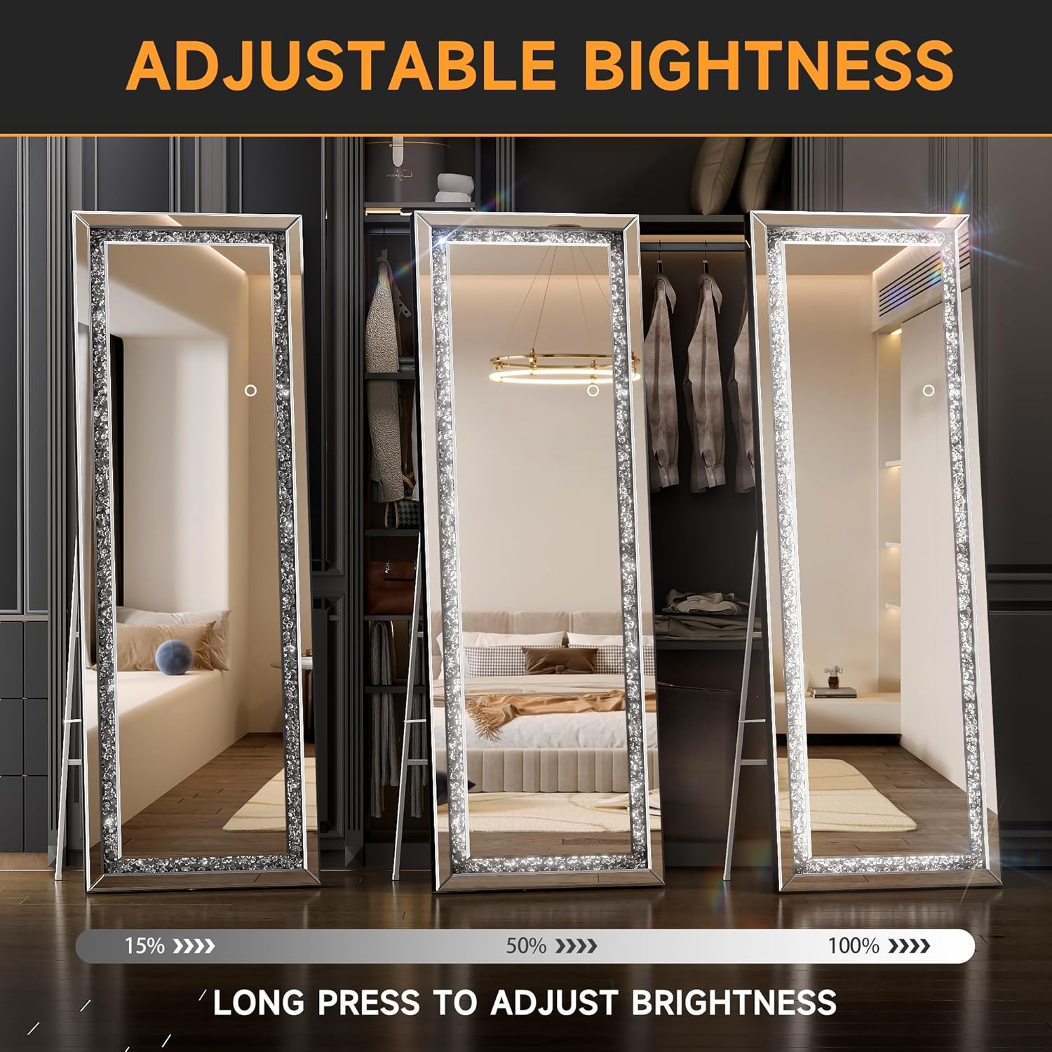 69"x24" Full Length Mirror with Lights, Crystal Crush Diamond Full Body Mirror, Dimming Floor Mirror for Bedroom, Walk-in Closet, and Dressing Room, Vertical Freestanding or Wall Mounted
