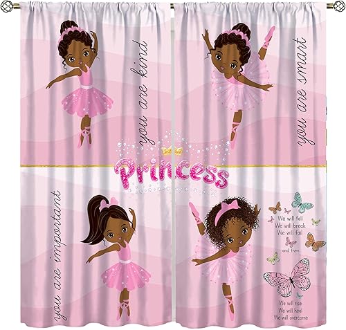 Cortinas afroamericanas para niños, tratamientos de ventana de niña negra afro para dormitorio, lindas cortinas de bailarina bailarina rosa, juegos