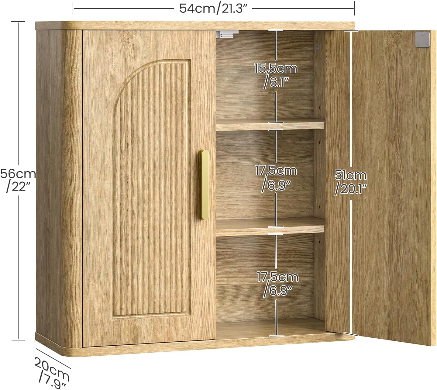 Bathroom Wall Cabinet, Medicine Cabinet, Bathroom Storage Cabinet with Adjustable Shelves and Fluted Doors, Over Toilet Storage Cabinet, for Bathroom, Bedroom, Kitchen, Living Room, Natural