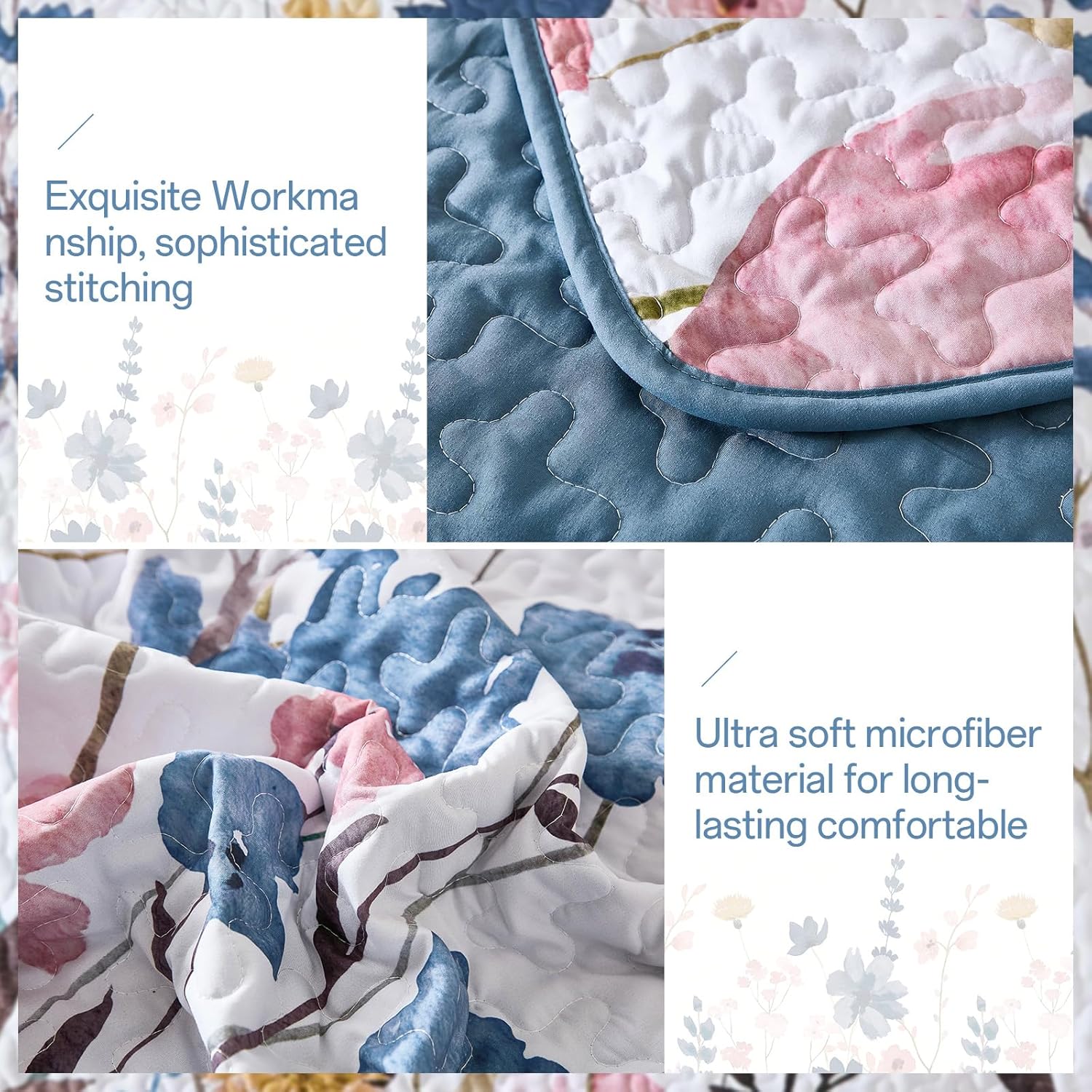 Anibedding Queen Quilt Set, Dark Blue Floral Bedspread Soft Microfiber Lightweight Queen Size Quilt Bedding Sets Flower Coverlet for All Season(Queen, 96"x90") - Image 5