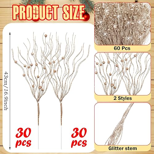 Miniatura 2 de Tigeen 60 piezas de tallos de bayas artificiales con purpurina para decoración de invierno, ramas de 17 pulgadas, ramas brillantes para árbol de