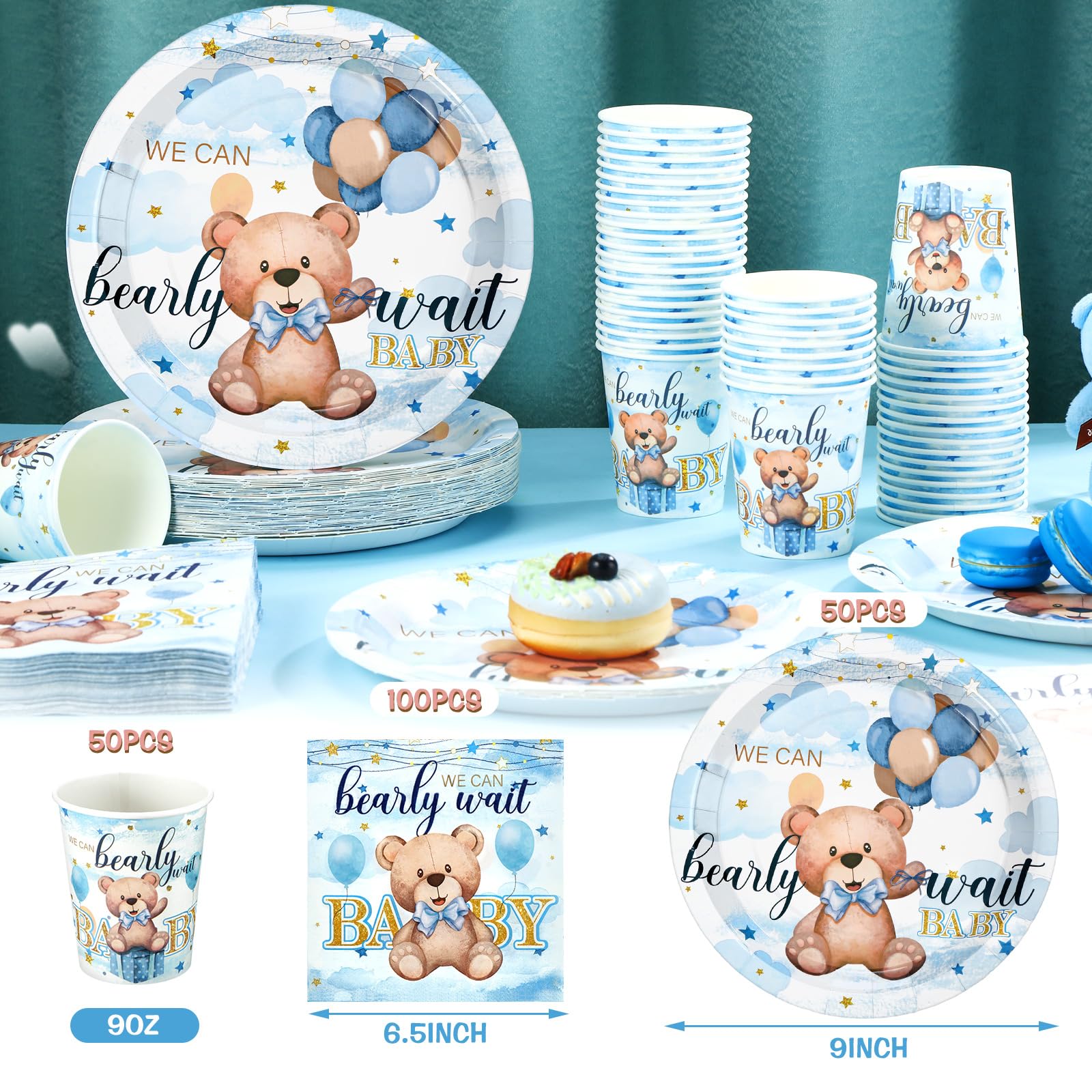 Hushee Lot de 200 assiettes en carton jetables pour fête prénatale Motif ours bleu Pour 50 invités