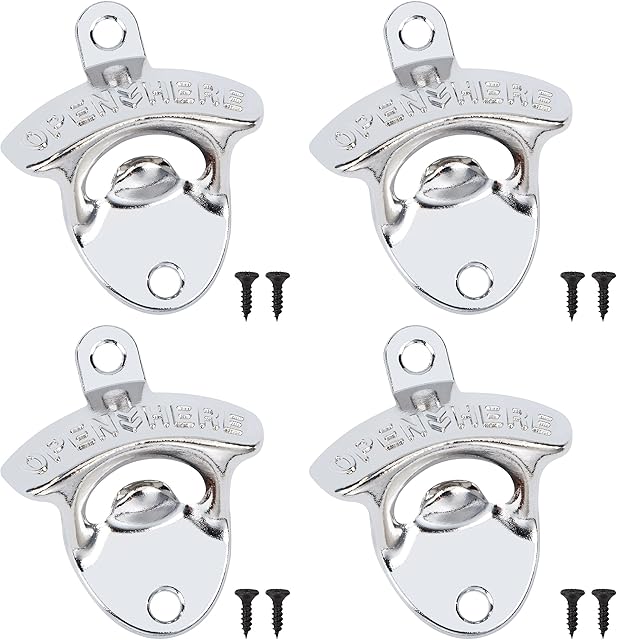 Wall Mount Bottle Opener, 4pcs Vintage Beer Soda Zinc Alloy Bottle Opener with Screws for Rustic Bar, Cafe, Home Kitchen, Restaurant (Silver)