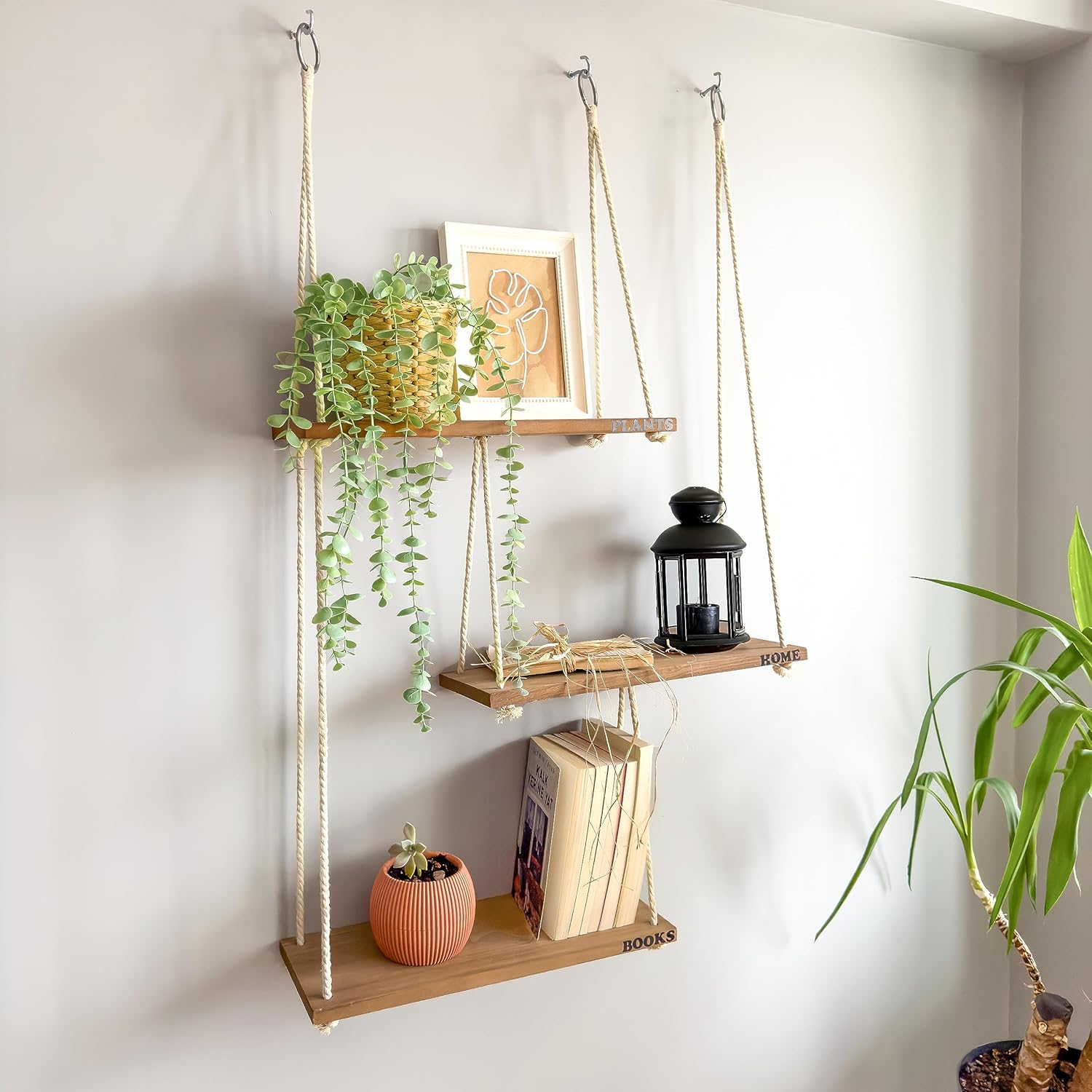 Boho Wall Shelves for Plants Rope Hanging Shelves for Wall Decor in