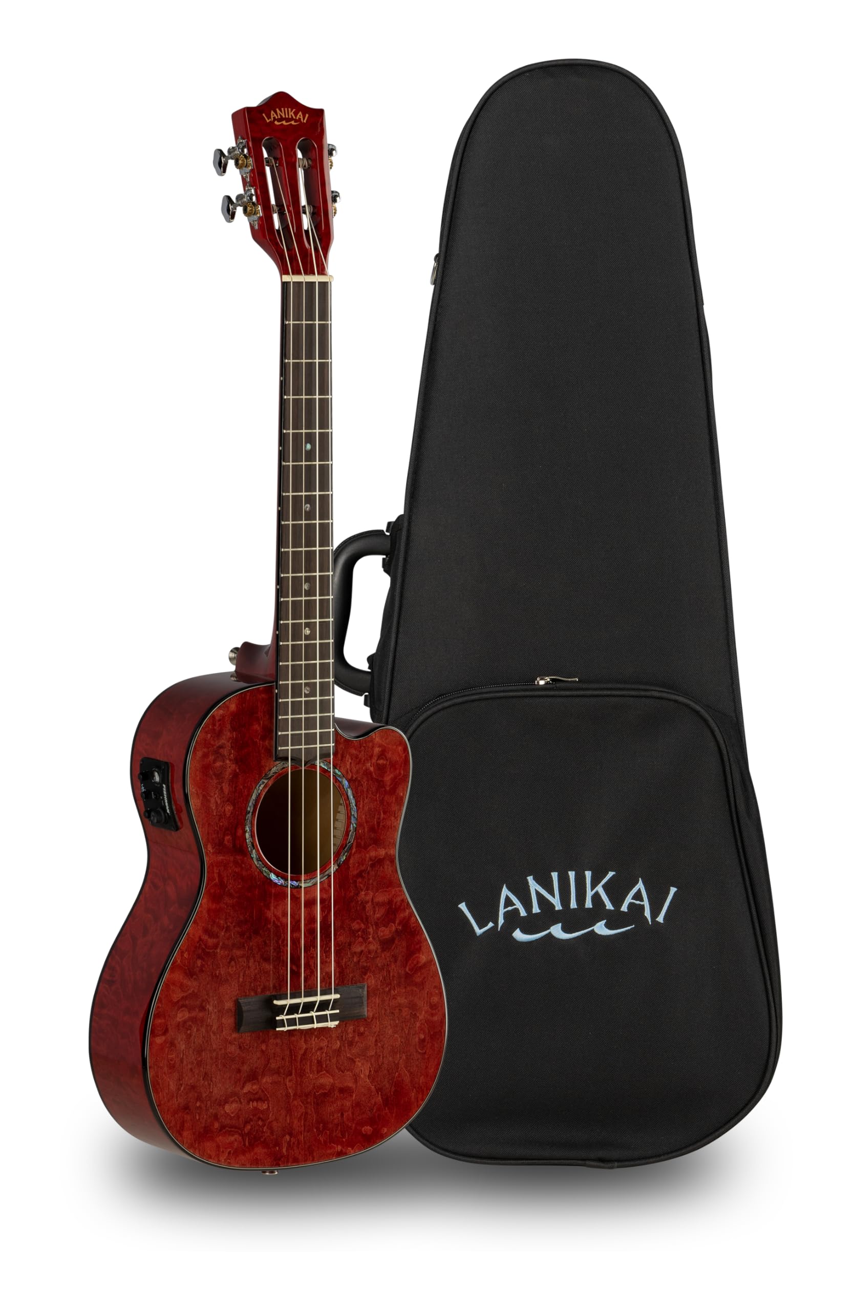Lanikai QM-RDCEB - Ukulele baritono con custodia in schiuma trapuntata color acero rosso