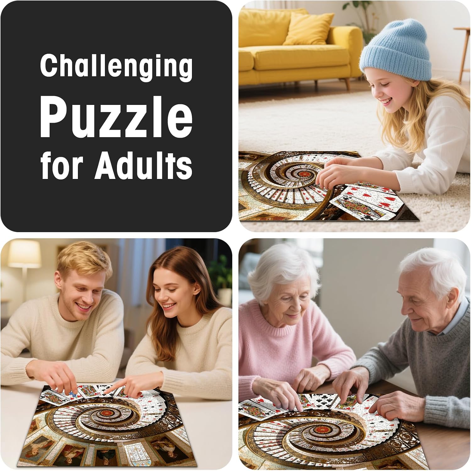 Puzzles for Adults 1000 Pieces, Spiral Staircase Playing Cards Fantasy Jigsaw Puzzle, Vintage Classical Art Interior Scene, Puzzles with Letters on Back, 20x28 Large Home Decor for Game Night