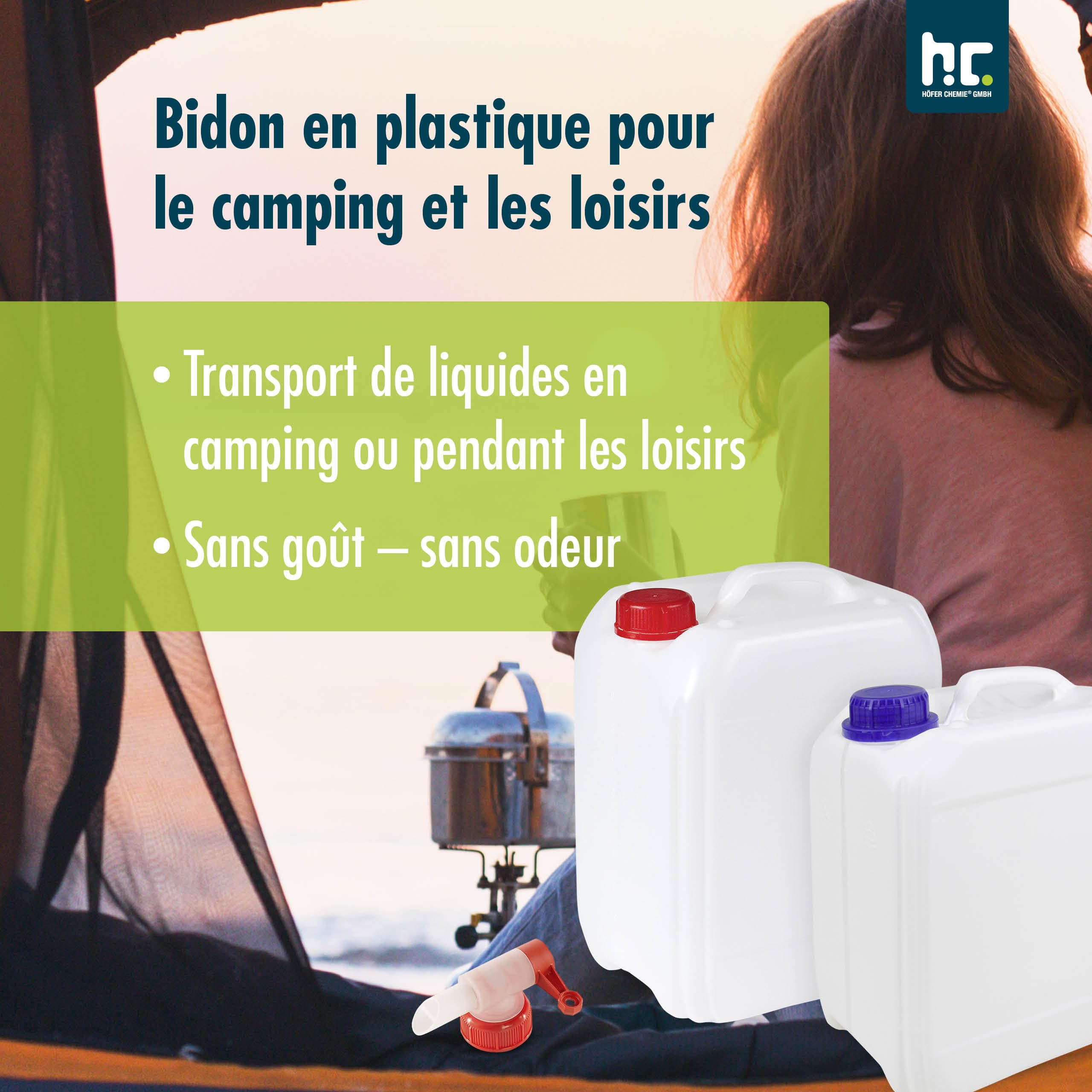 Höfer Chemie Ensemble de Bidons d'Eau 2 x 5 L - Jerrican Alimentaire | Accessoire de Camping Idéal pour les Liquides - Avec Robinet de Vidange et Bouchon à Vis - Empilable et Robuste