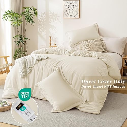 Miniatura 3 de MILDLY - Juego de funda de edredón supersuave de 3 piezas, 100% microfibra lavada, con cierre de cremallera y lazos en las esquinas, beige (sin