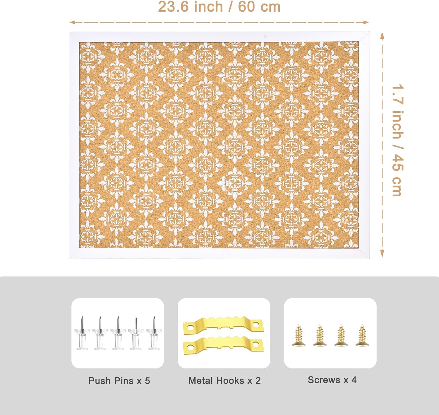 Decorative Cork Board for Walls, Bulletin Board with White Floral Print, White Framed Pin Board Vision Board for Office School Bedroom and Dorm Room with Pins, Screws(WH,4560,1pc)