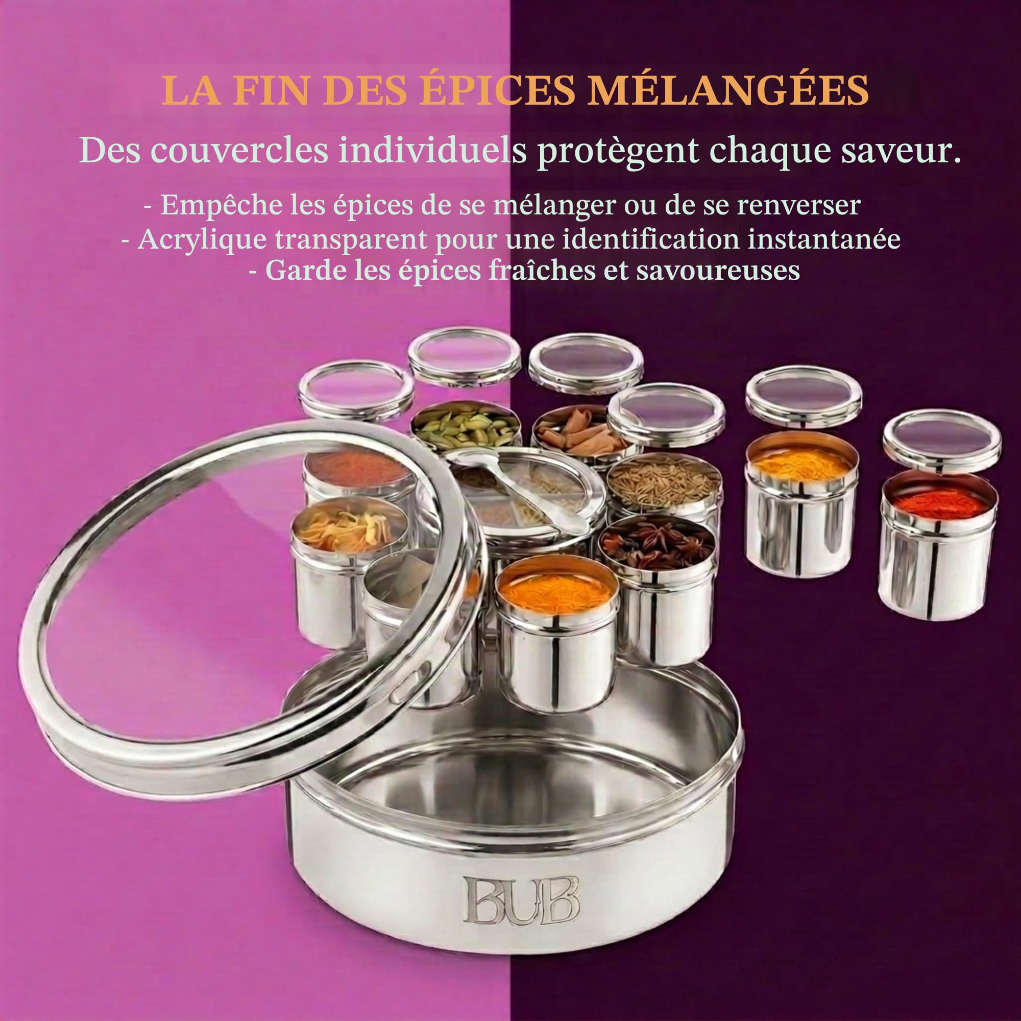 Bub : Grande boîte à épices Masala Dabba de qualité supérieure de 22 cm | 9 pots à épices avec couvercles individuels | Ensemble d'épices Rajah et livre de recettes | Cuillère et couvercles en