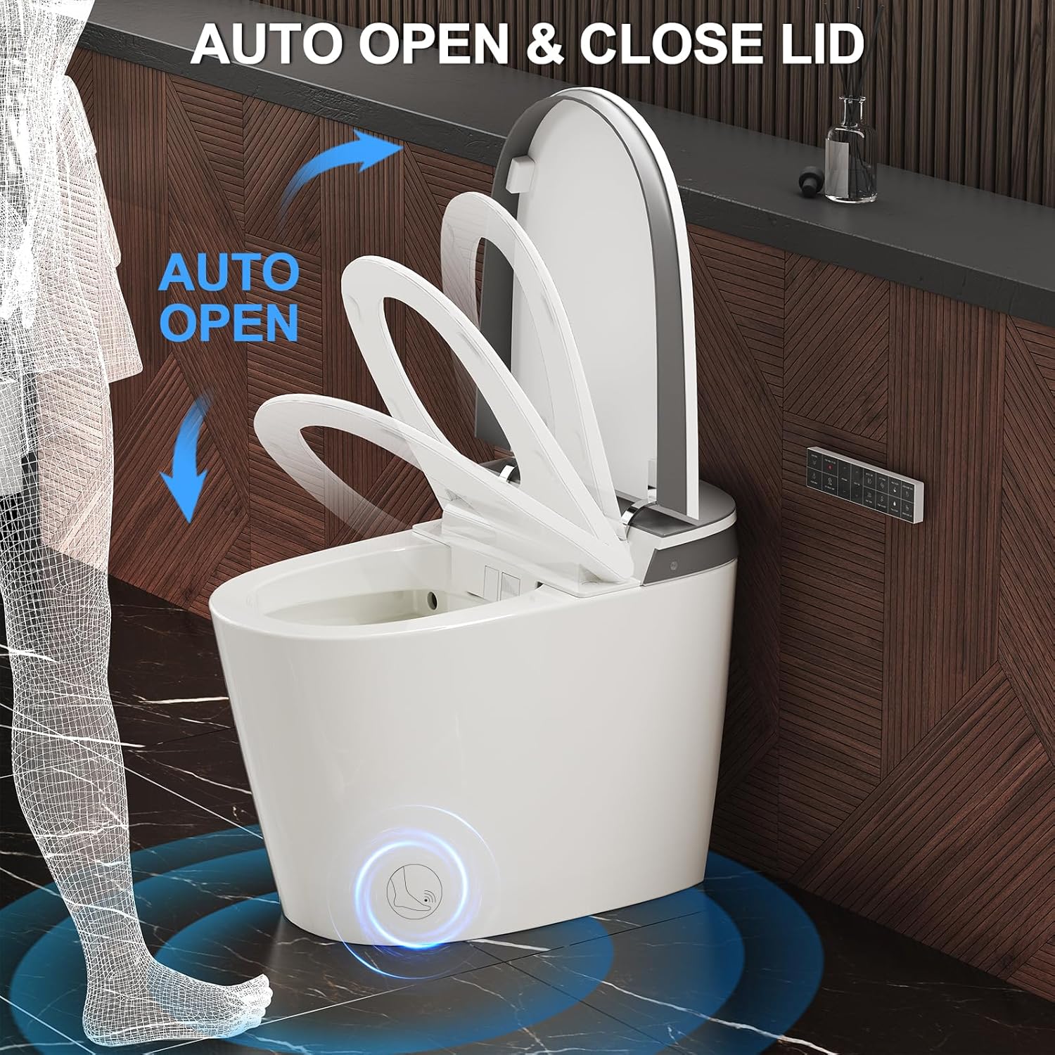 Diagram showing automatic lid and seat opening as a person approaches
