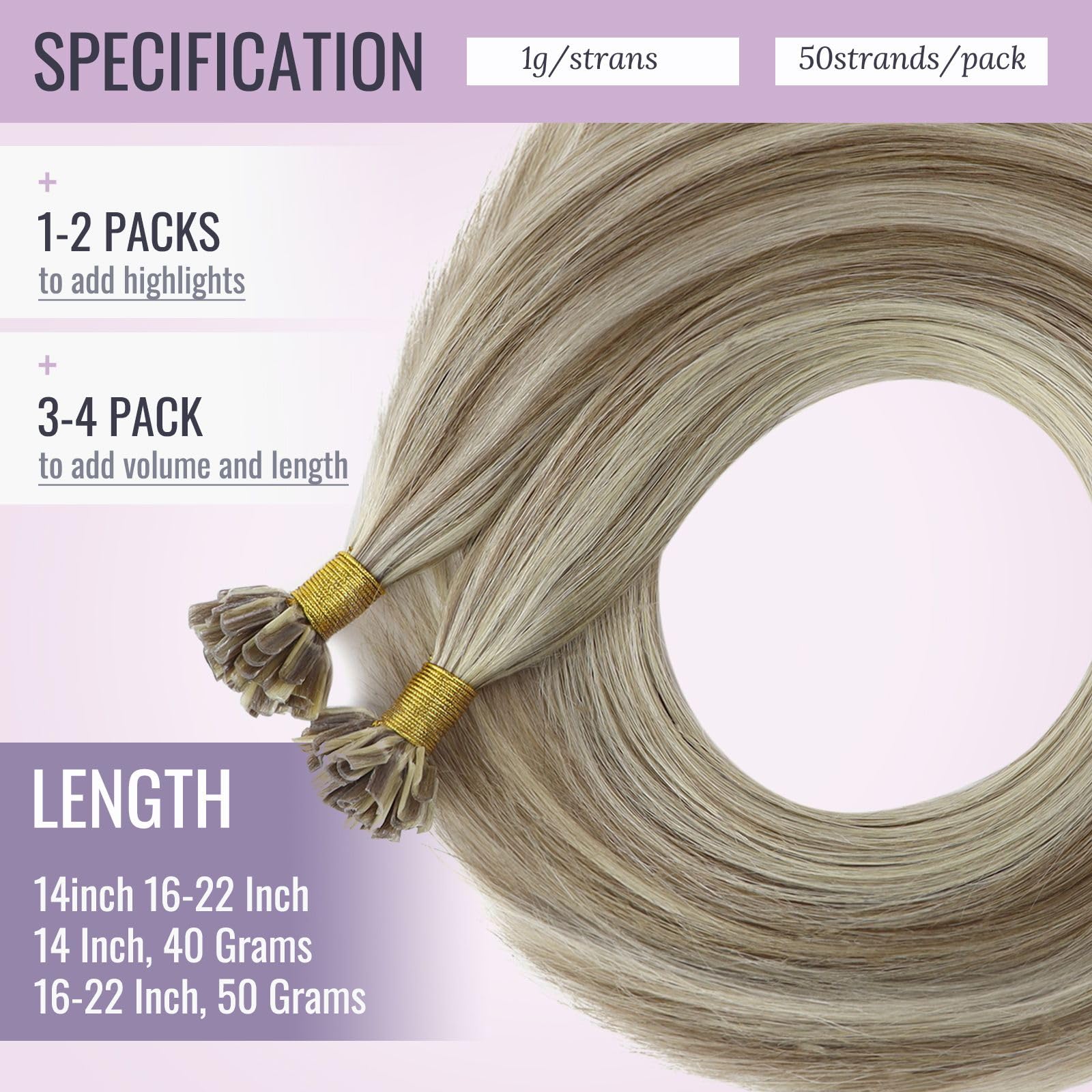Fshine Extension Cheratina 45CM 50g U-tip Capelli Extension Marrone Chiaro Evidenziato e Bionda Platino Human Hair Extension 1g/ciocca Extension Keratina Capelli Veri U-Tip Extension