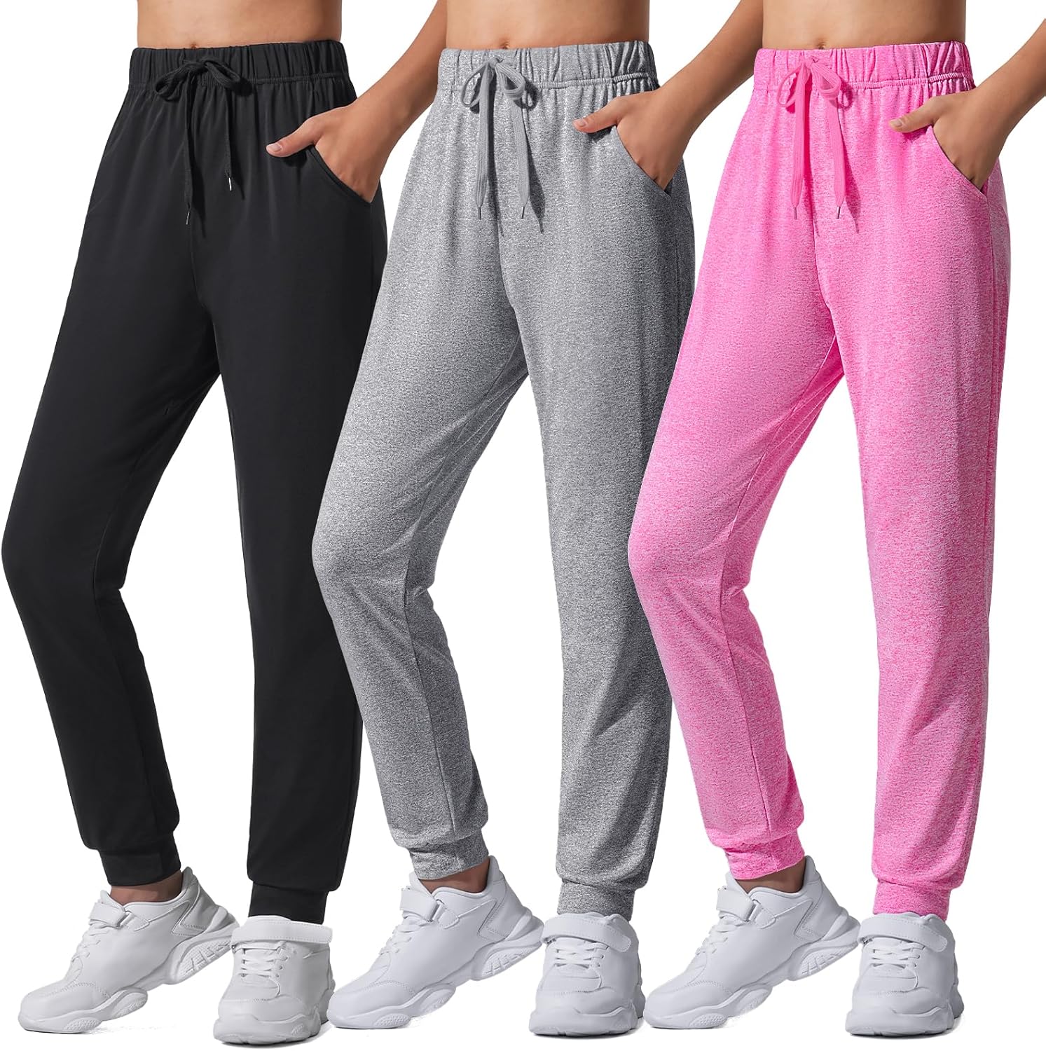 Auranso Girls Joggers 3 Pack Quick Dry Casual Sweatpants Kids Athletic Lounge Joggers Boys Active Running Pants with Pockets
