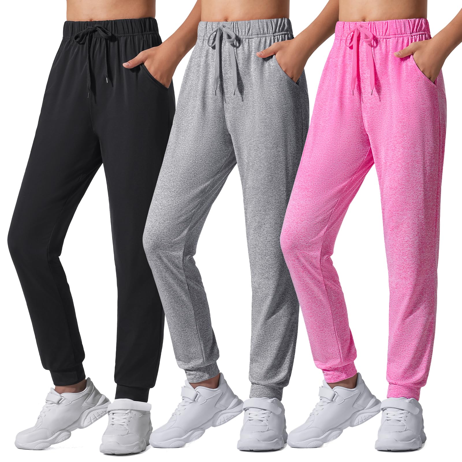 Auranso Paquete de 3 pantalones deportivos casuales de secado rápido para niñas, pantalones deportivos para descansar, pantalones deportivos para correr con bolsillos
