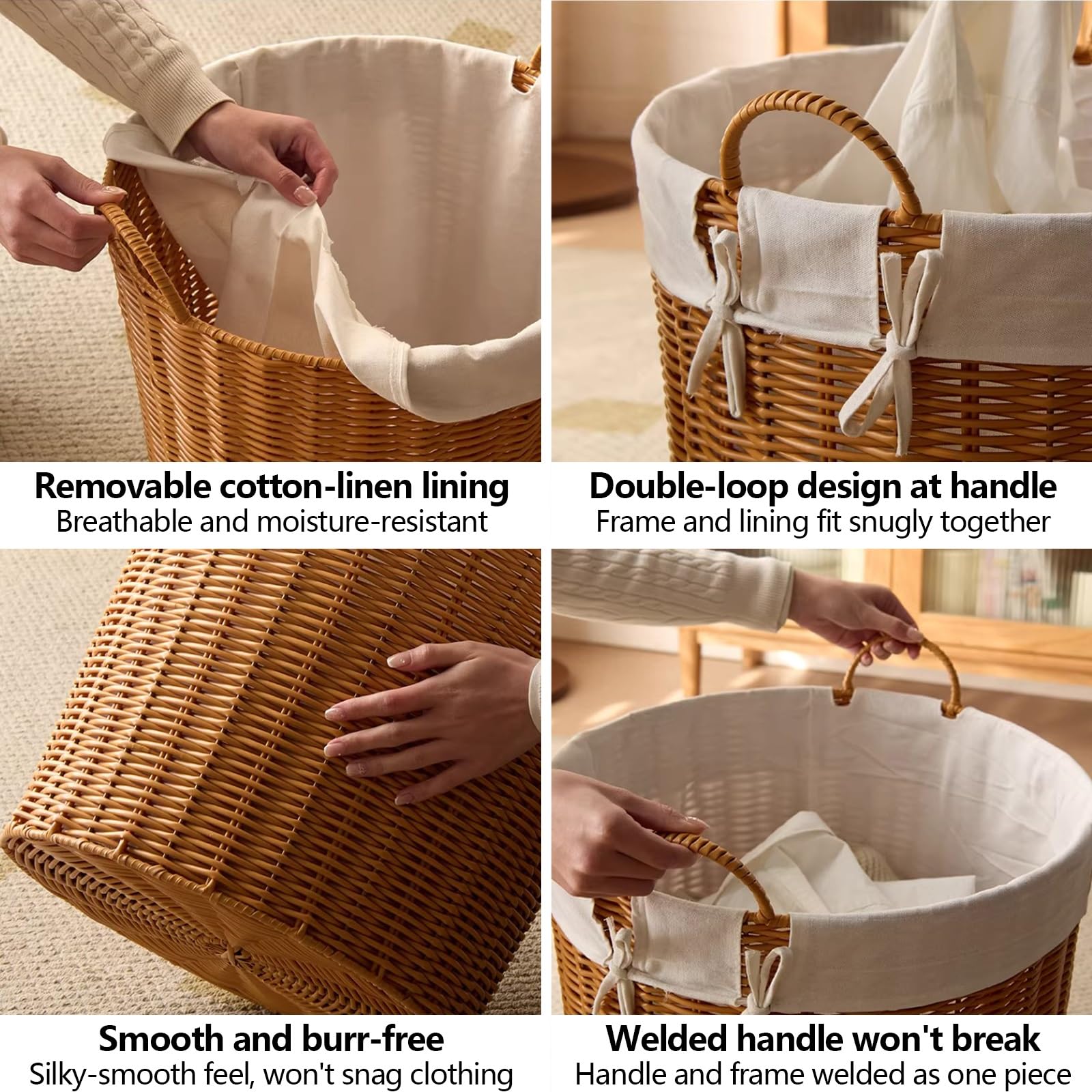Imitat - Cesto portabiancheria portatile in rattan, 40,9 cm, con manici, ideale per bagno e camera da letto