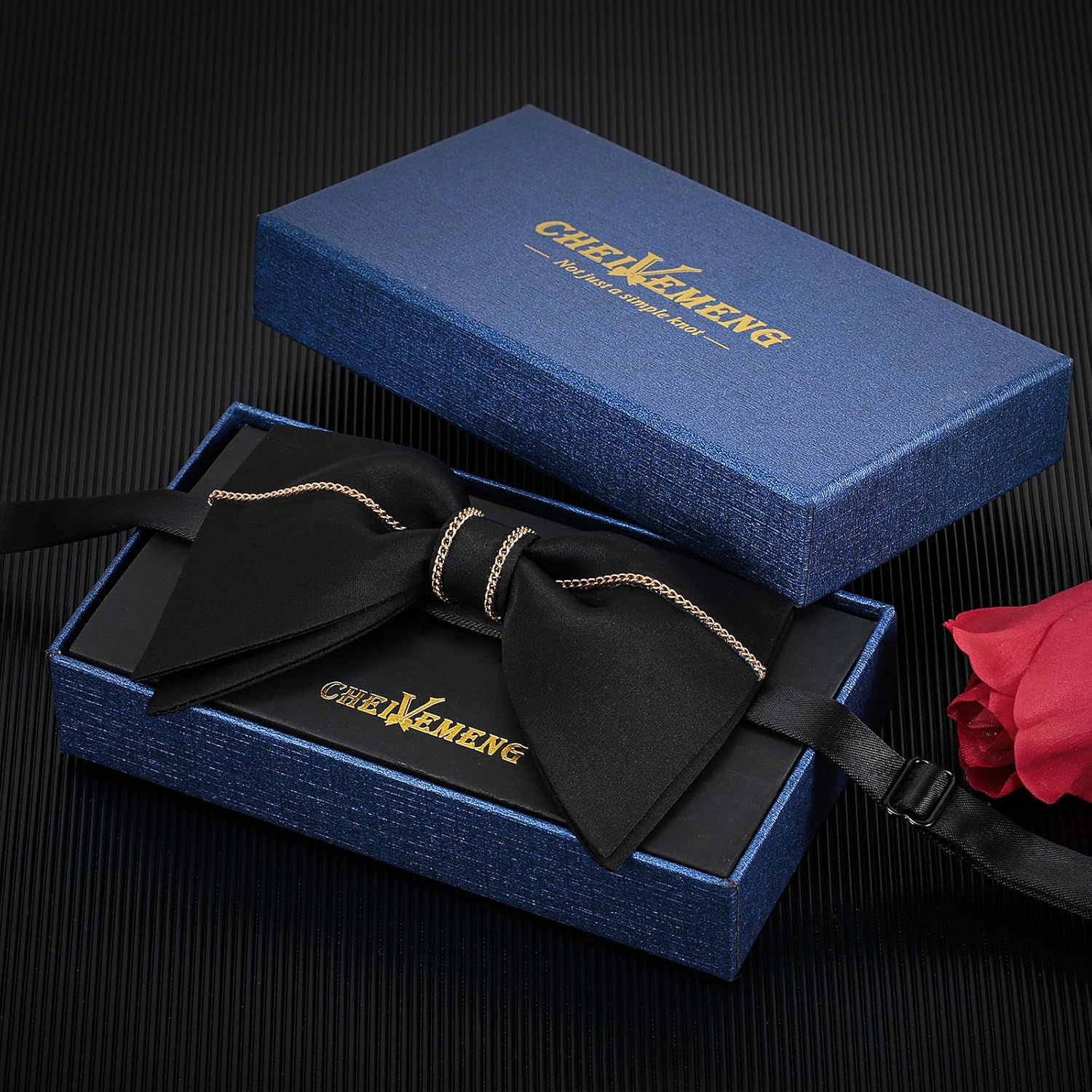 Mens Black Oversized Bow Tie Satin Silk Adjustable Large Solid Pre-tied Tuxedo Big Bow Ties for Men with Gift Box
