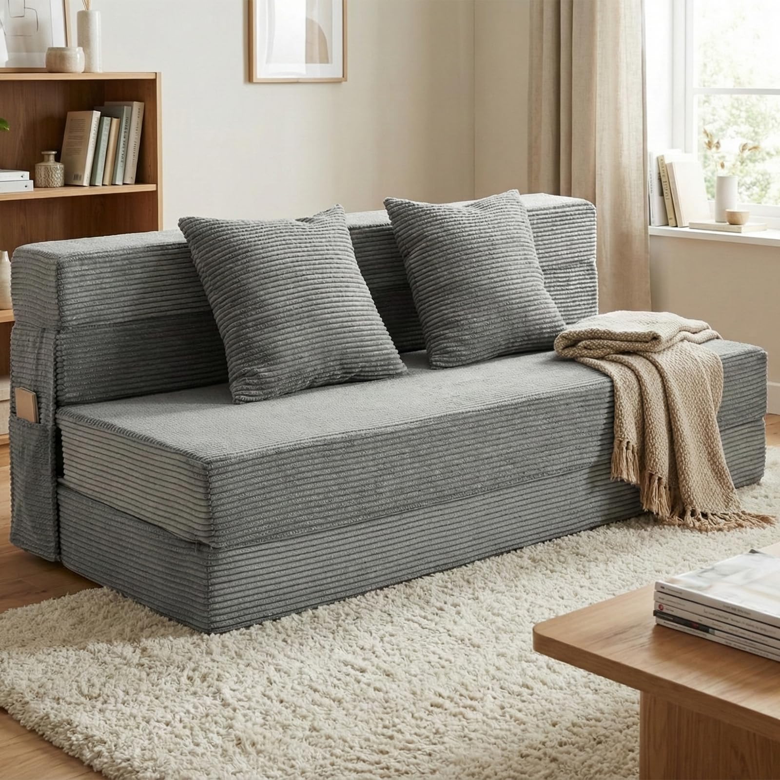 Queen Size Folding Sofa Bed - 4 in 1 Convertible Sleeper Chair with Two Pillows - High Density Memory Foam Futon Couch - Foldable Bed for Living Room Bedroom (Dark Grey)