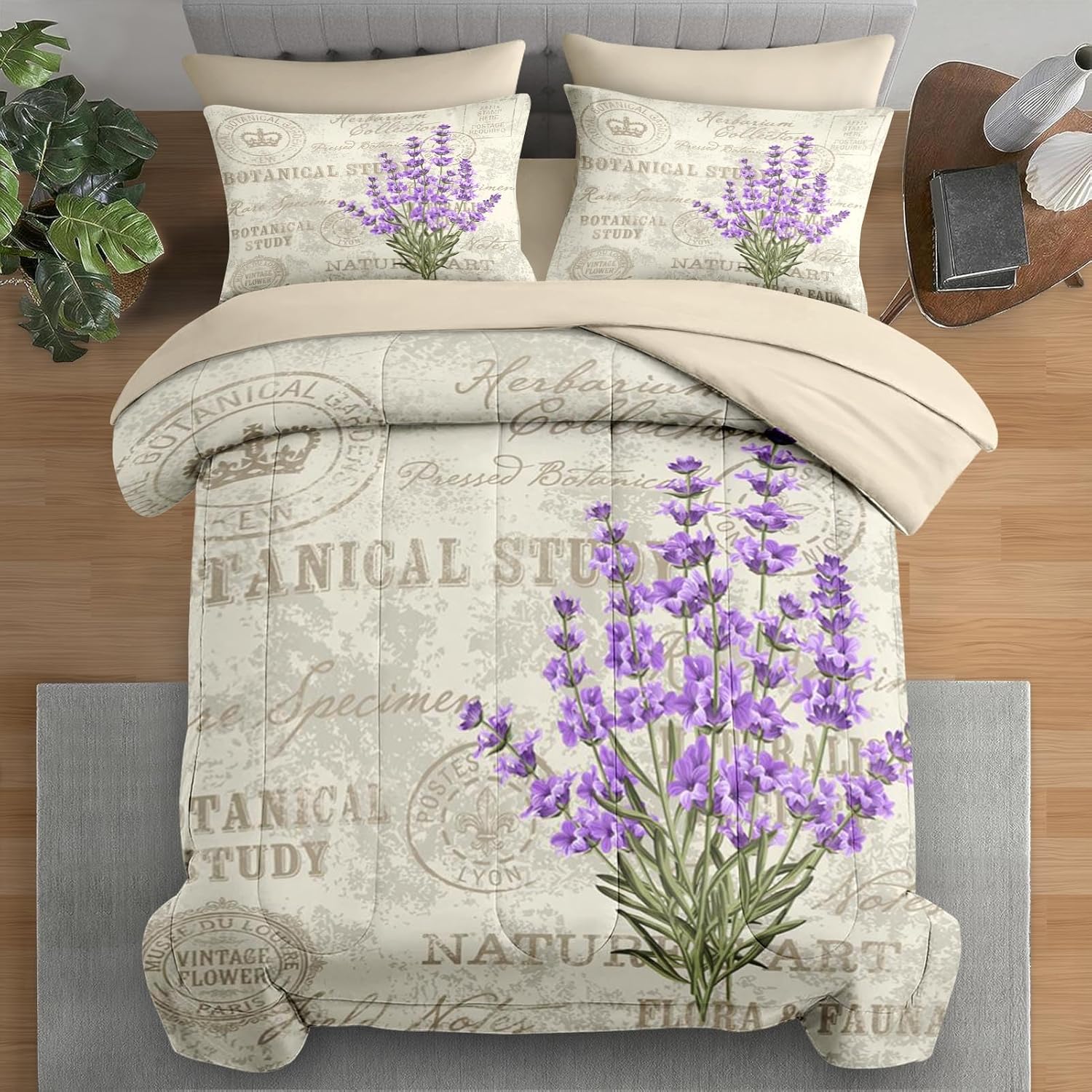 Pamnest Comforter Set King Size, Vintage Lavender Flower 7 Pcs Bedding for Kids and Adults, Retro Botanical Plant Bed Sheet Sets with Fitted Sheet 2 Pillowcases & 2 Shams