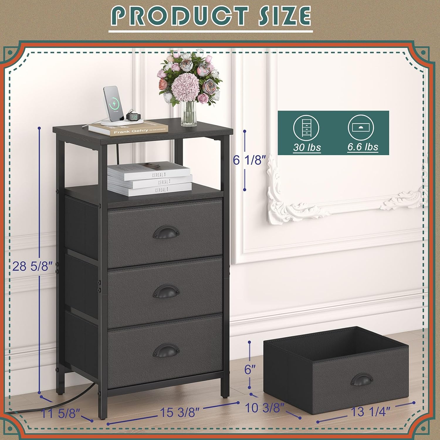 Nightstand with Charging Station,LED Black Nightstand with 3 Fabric Drawers PU Finish, Bedside End Tables, 2-Tier Open Storage Shelf Side Table Nightstand with Drawers for Bedroom,Black - Image 3