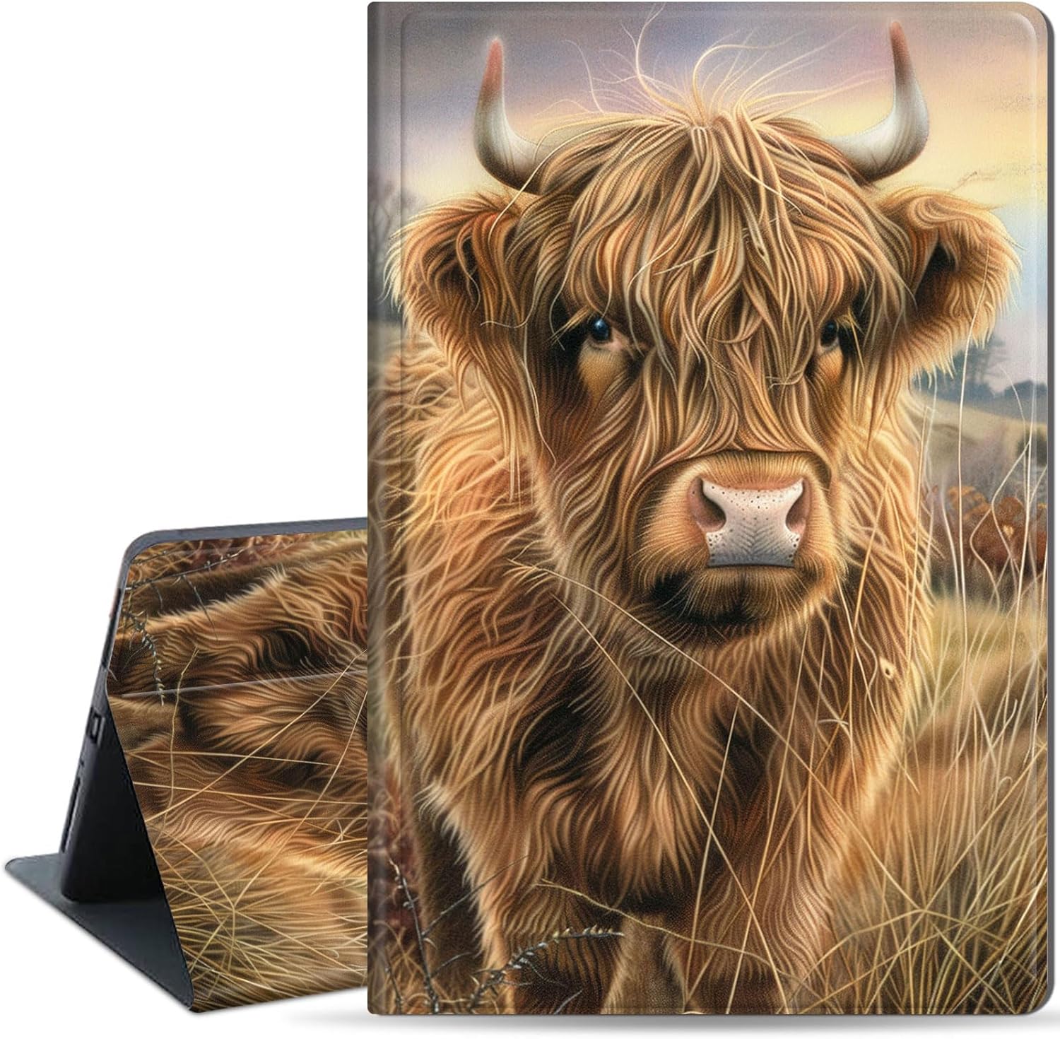 Case for iPad Pro 11 Inch (M5 2025 / M4 2024), Slim PU Leather Folio Stand Cover, Full Body Protective Shell with Auto Wake/Sleep, Highland Woolly Cow