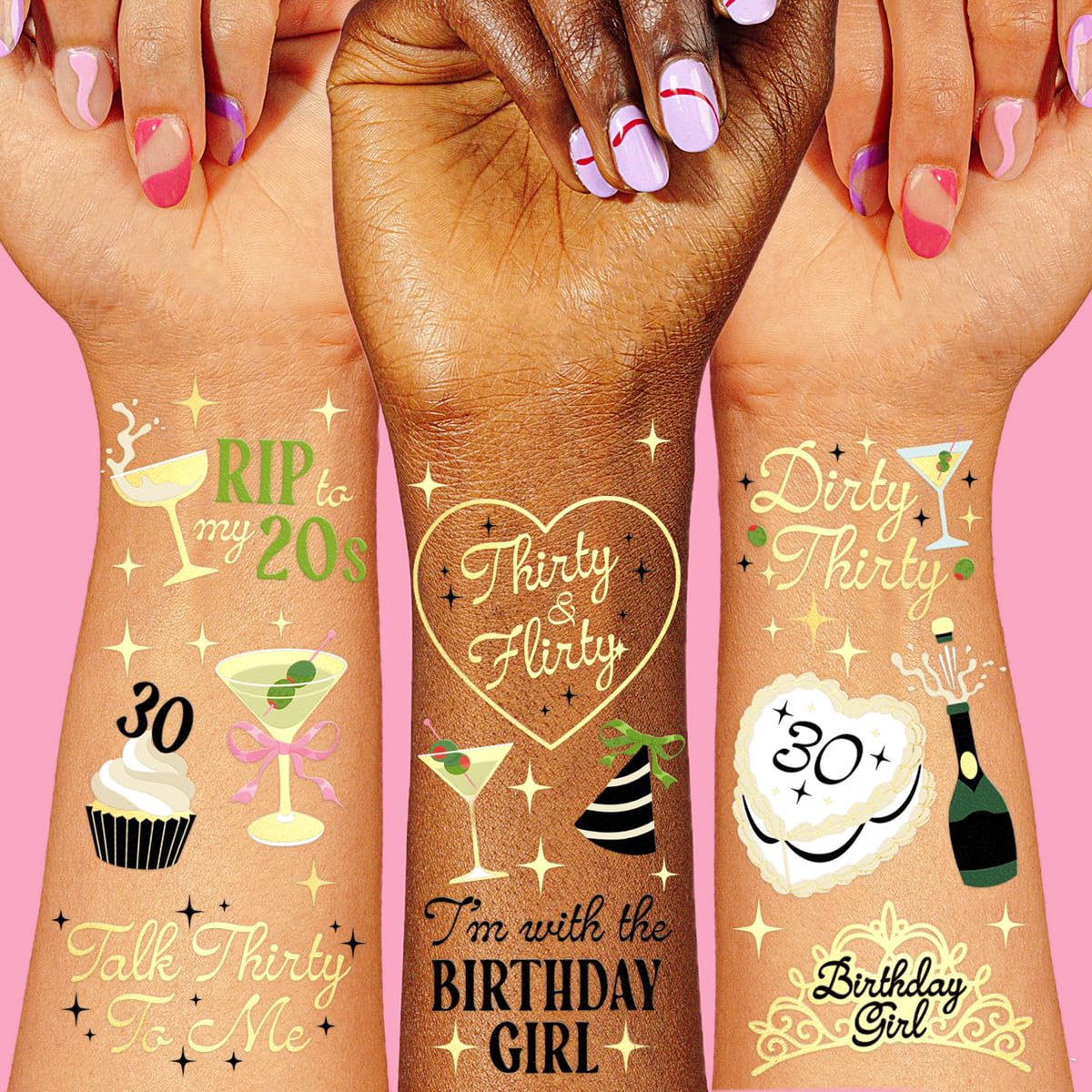xo, Fetti 30th Birthday Temporary Tattoos - 50 Gold Foil Pcs | Birthday Cocktail Accessory, Dirty Thirty Olive Party Favor, Cute RIP to My 20s Bday