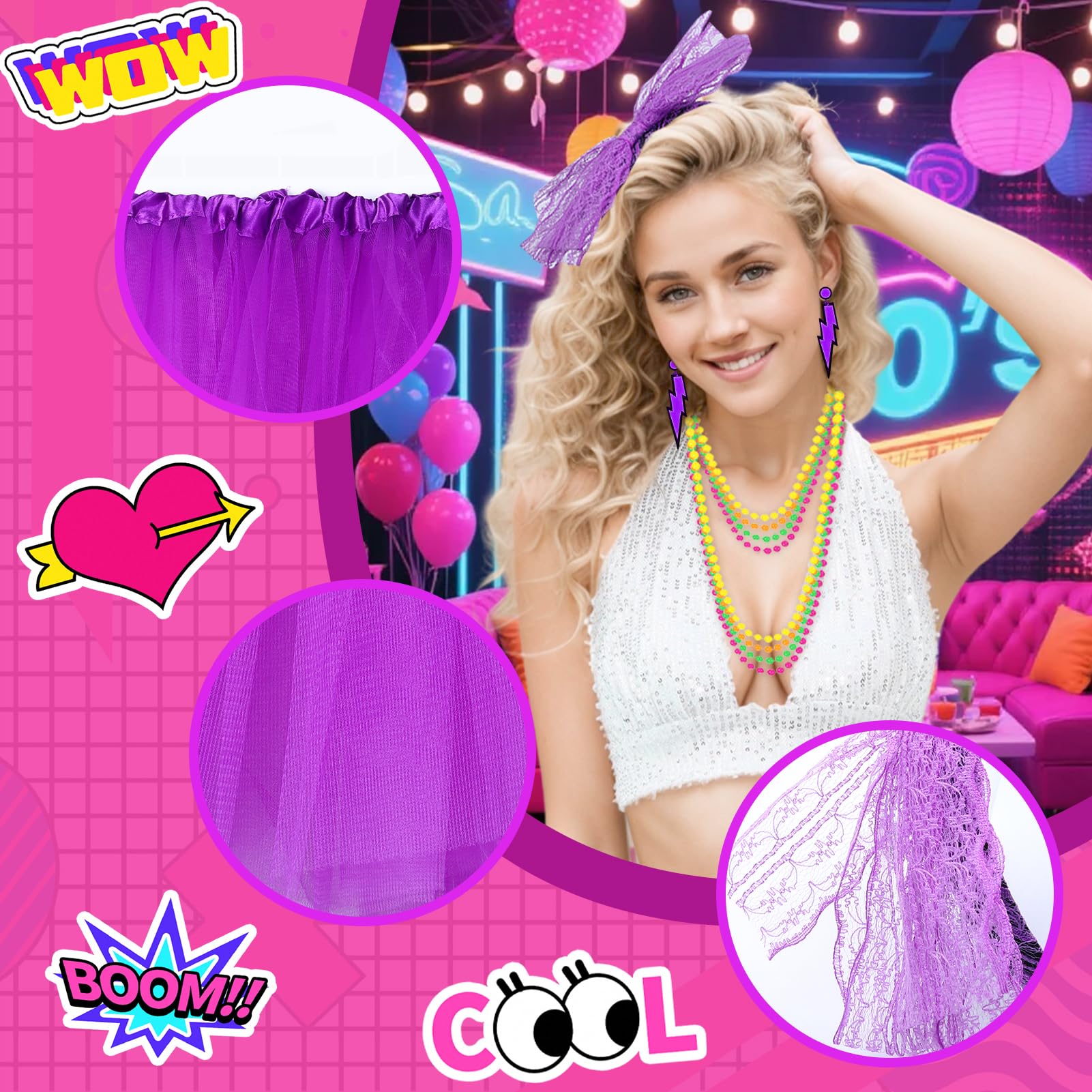 Meriviva 25 Pcs 80s Fancy Dress for Women 1980s Accessories with Neon Tutu Skirt Bracelets Necklaces Leg Warmers Fishnet Gloves Headband Glasses Earrings for 80s Party Dress Up (Purple) - Image 3