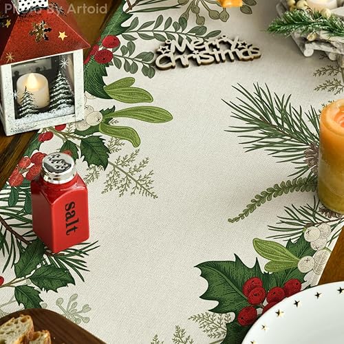 Miniatura 3 de Artoid Mode Camino de mesa de Navidad con cono de pino de Holly, decoración de mesa de comedor de invierno para decoración de fiesta del hogar, 13 x