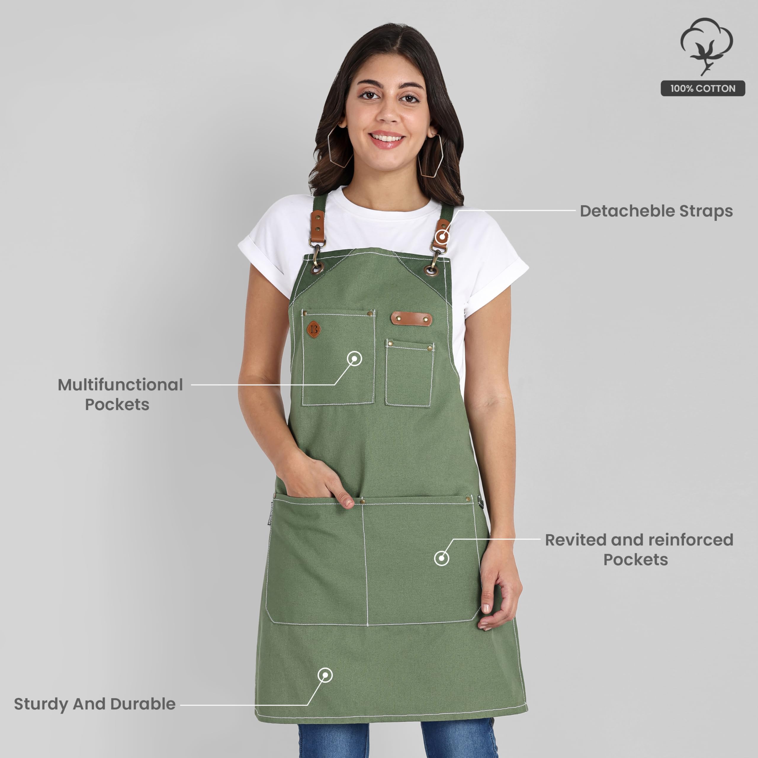 Tablier de chef en coton recyclé avec col réglable et longues attaches pour la cuisine, la pâtisserie