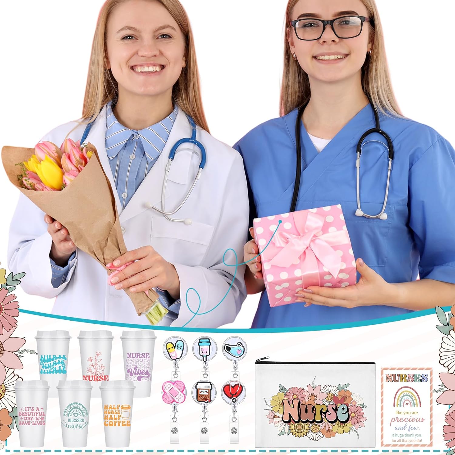 Skylety 24 Pcs Nurses Gifts Bulk Nurse Badge Reels Nursing Plastic Cups Appreciation Gifts Makeup Bags Card Reusable Cute Accessory for Women Hospital Staff Employee Staff - Image 7