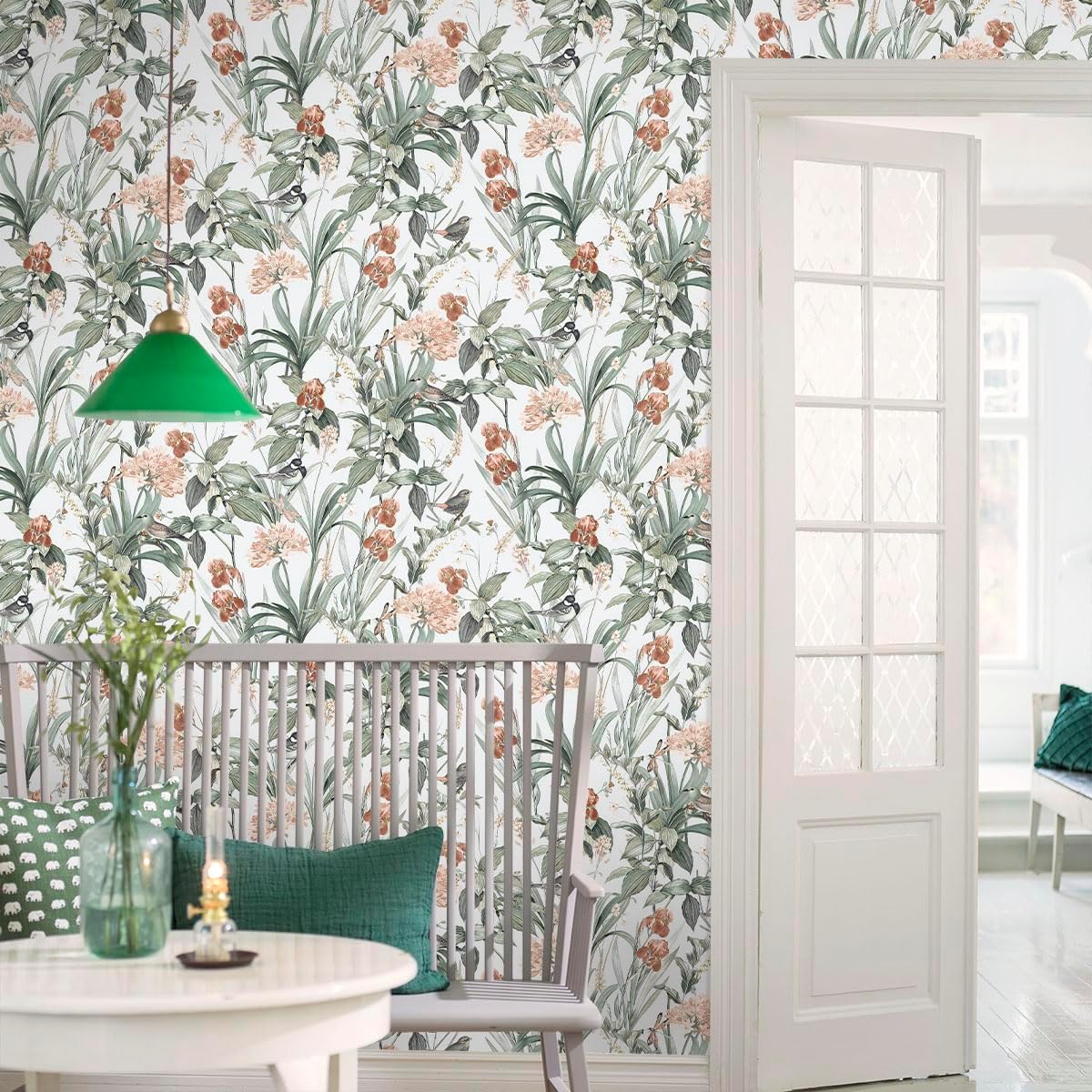 Jeweluck Floral Peel and Stick Wallpaper Vintage Floral Wallpaper 16.9” x 118.1” Bird Wall Paper Peel and Stick Birds Contact Paper Green Leaf Removable Self Adhesive Decorative for Bathroom Vinyl