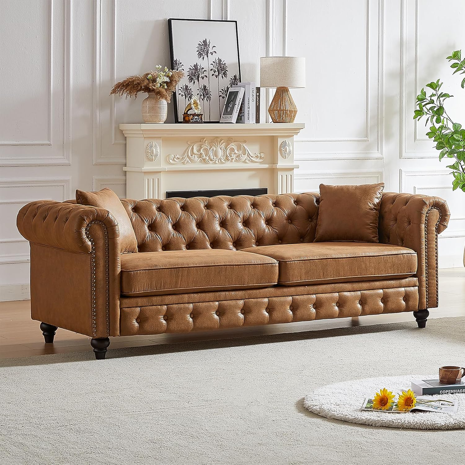 2 Piece Living Room Sofa Set,High-tech Fabric Button Tufted Couch and Loveseat Set with Nailhead Trim&Roll Armrests,Mid Century Modern Chesterfield Sofa for Living Room,Office(Loveseat+3 Seater,Brown)