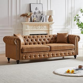 Mid Century Modern Couch, 85.5"W High-tech Fabric Button Tufted Oversized Loveseat Sofa with Nailhead Trim & Roll Armrests, Deep Seat Comfy Chesterfield Sofa for Living Room, Office(3 Seater, Brown)